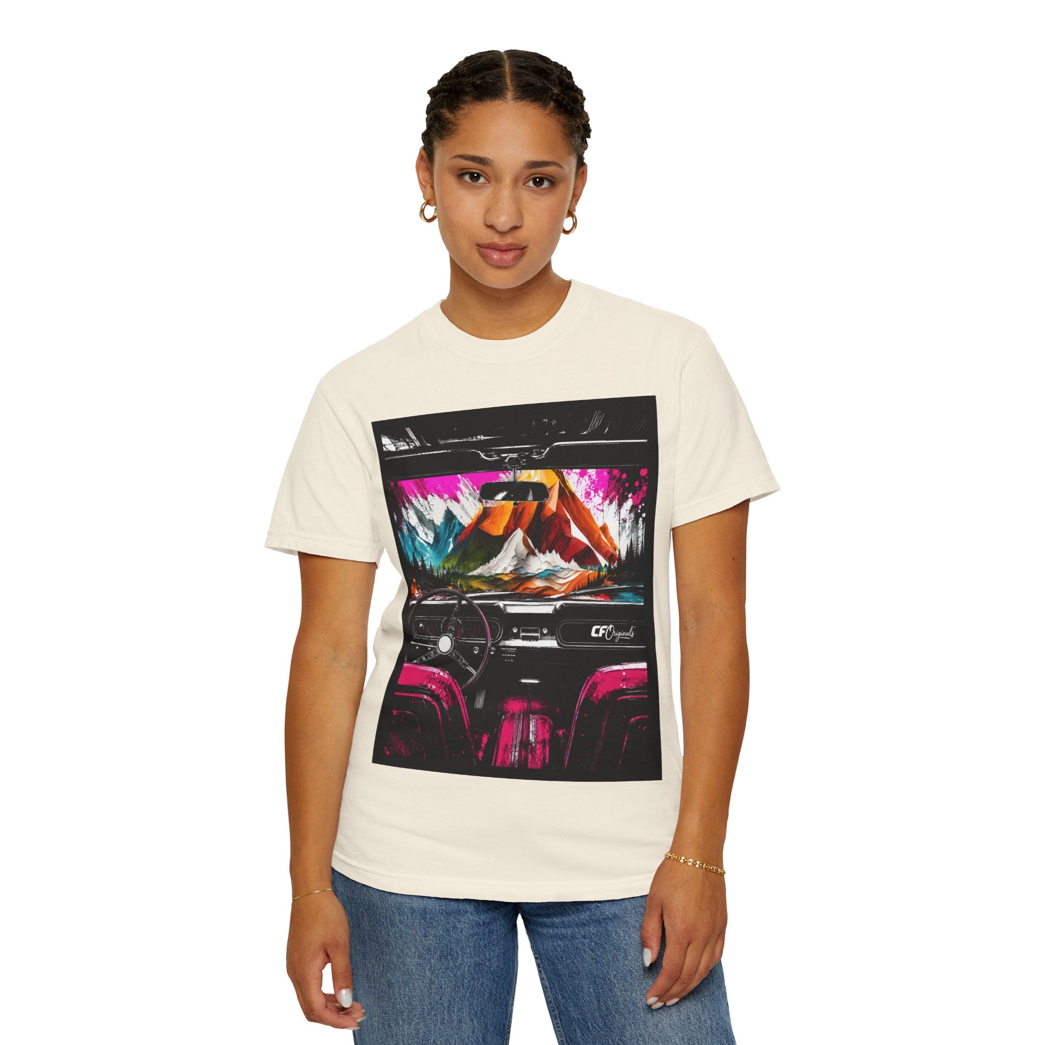 CarFits.store Big Prints T-Shirt — Retro Engine & Scenic Drive