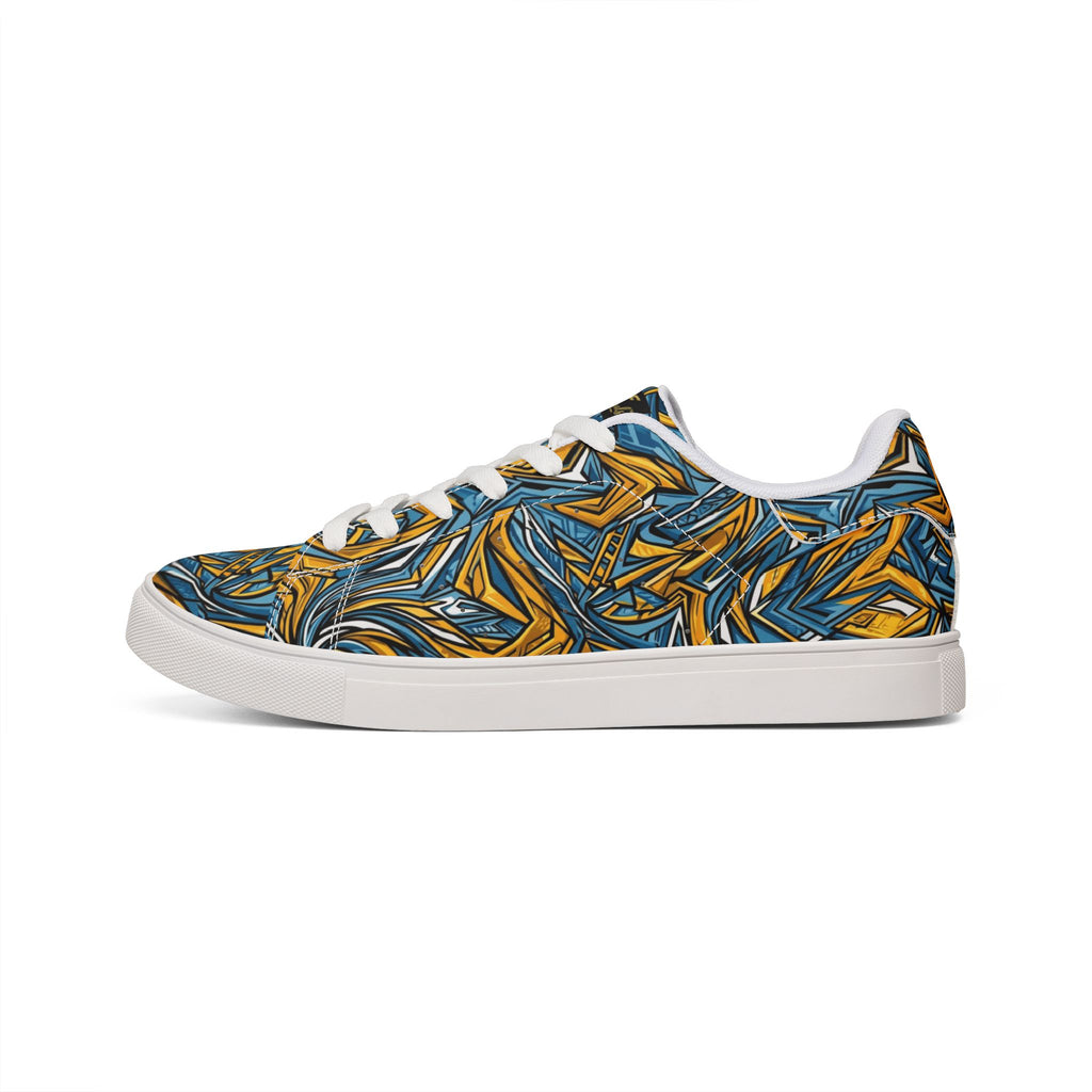 Men's Low-Top Leather Sneakers — Blue & Gold Swirl Painterly Trainers