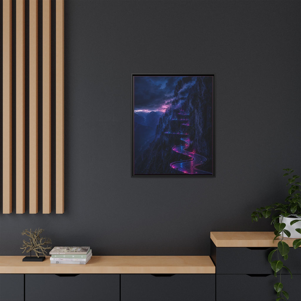 Neon Mountain Road Matte Canvas Print — Framed Nightscape Wall Art