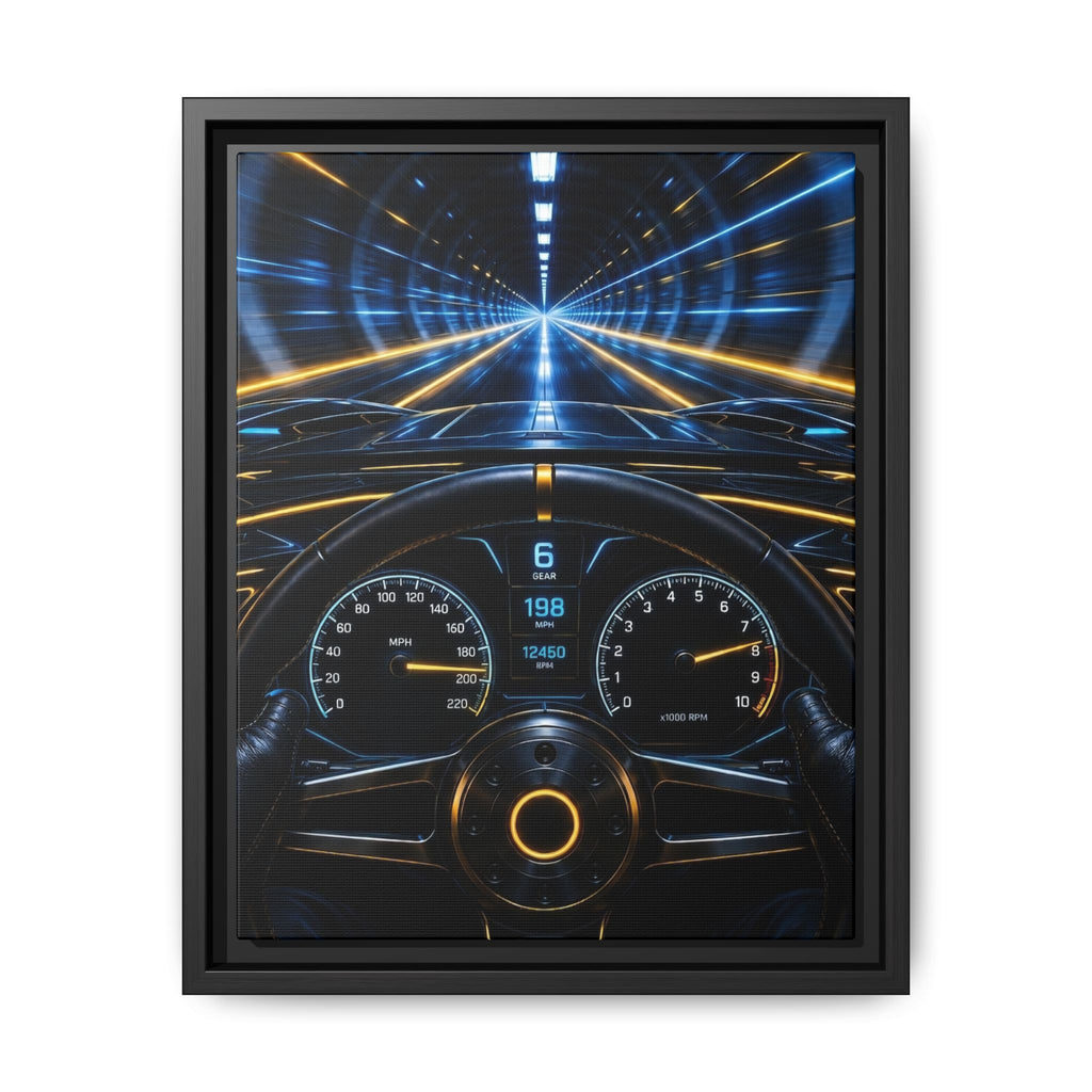 Tunnel Drive Framed Canvas Print — Retro Futuristic Car Dashboard Wall Art