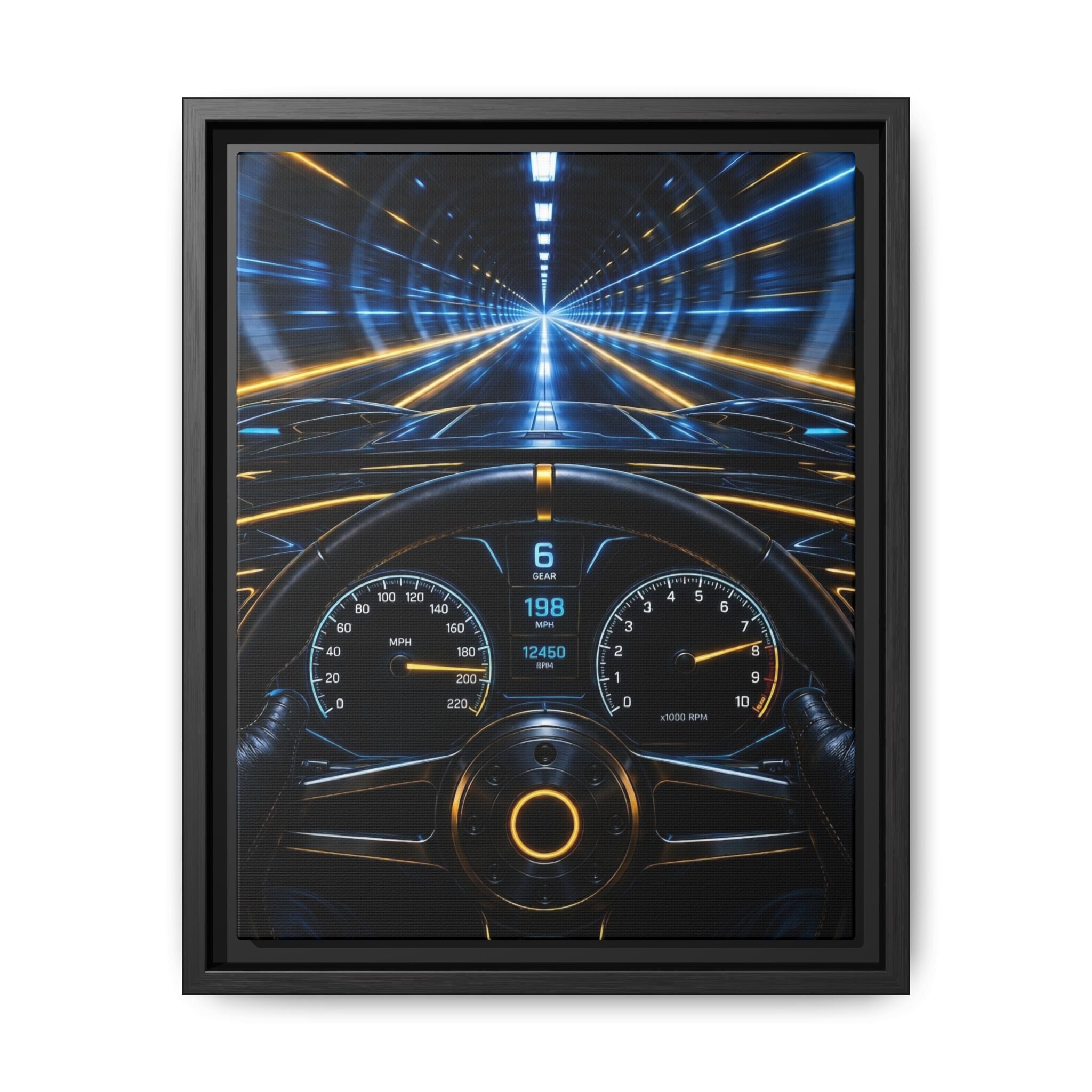 Tunnel Drive Framed Canvas Print — Retro Futuristic Car Dashboard Wall Art