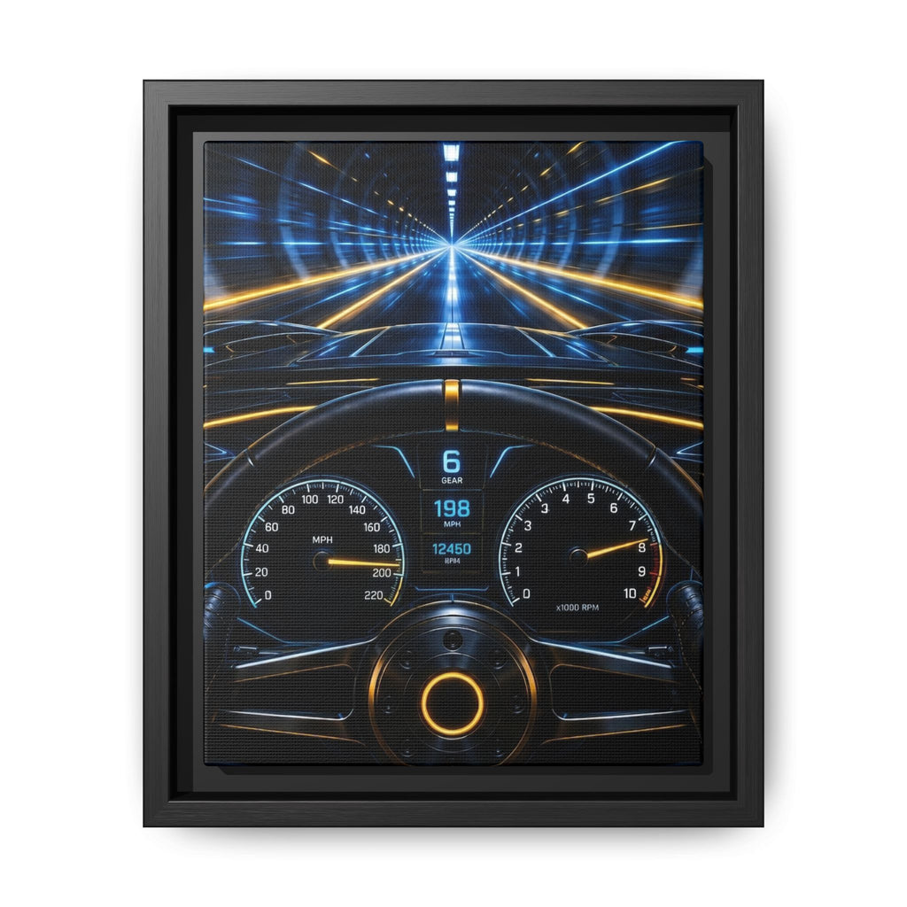 Tunnel Drive Framed Canvas Print — Retro Futuristic Car Dashboard Wall Art