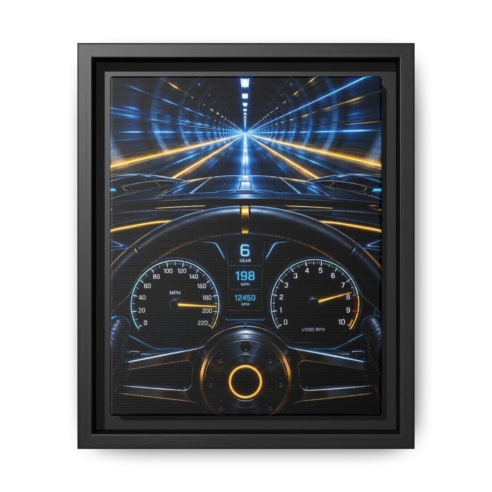 Tunnel Drive Framed Canvas Print — Retro Futuristic Car Dashboard Wall Art
