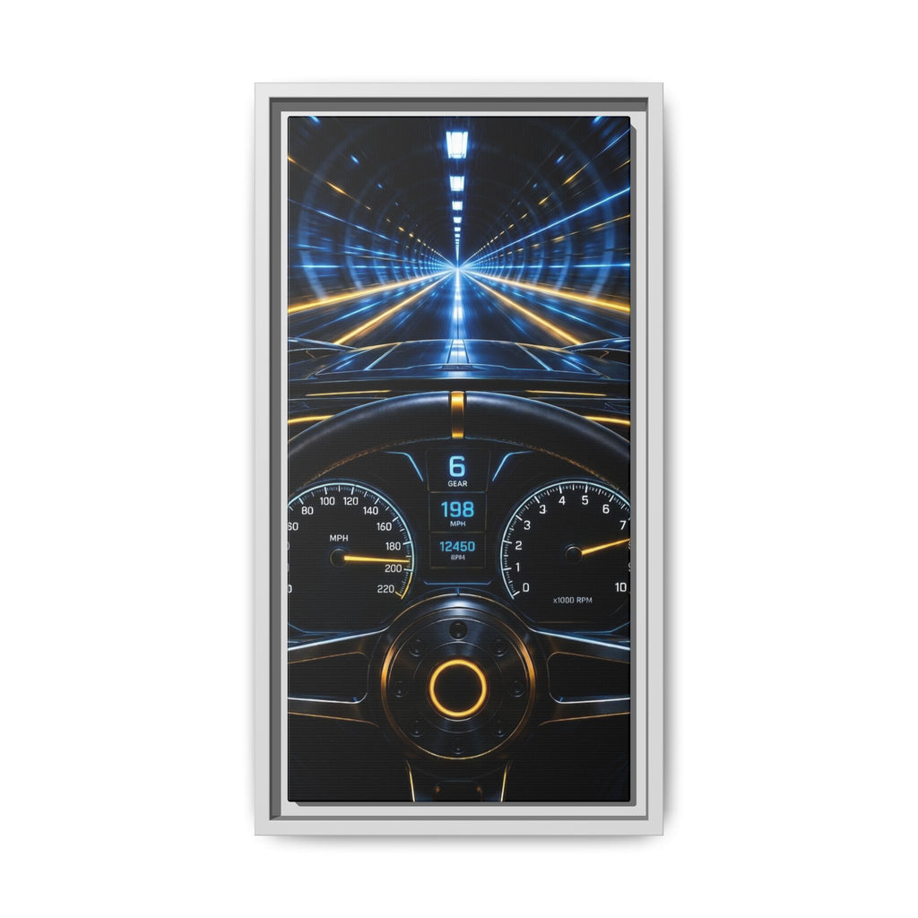 Tunnel Drive Framed Canvas Print — Retro Futuristic Car Dashboard Wall Art
