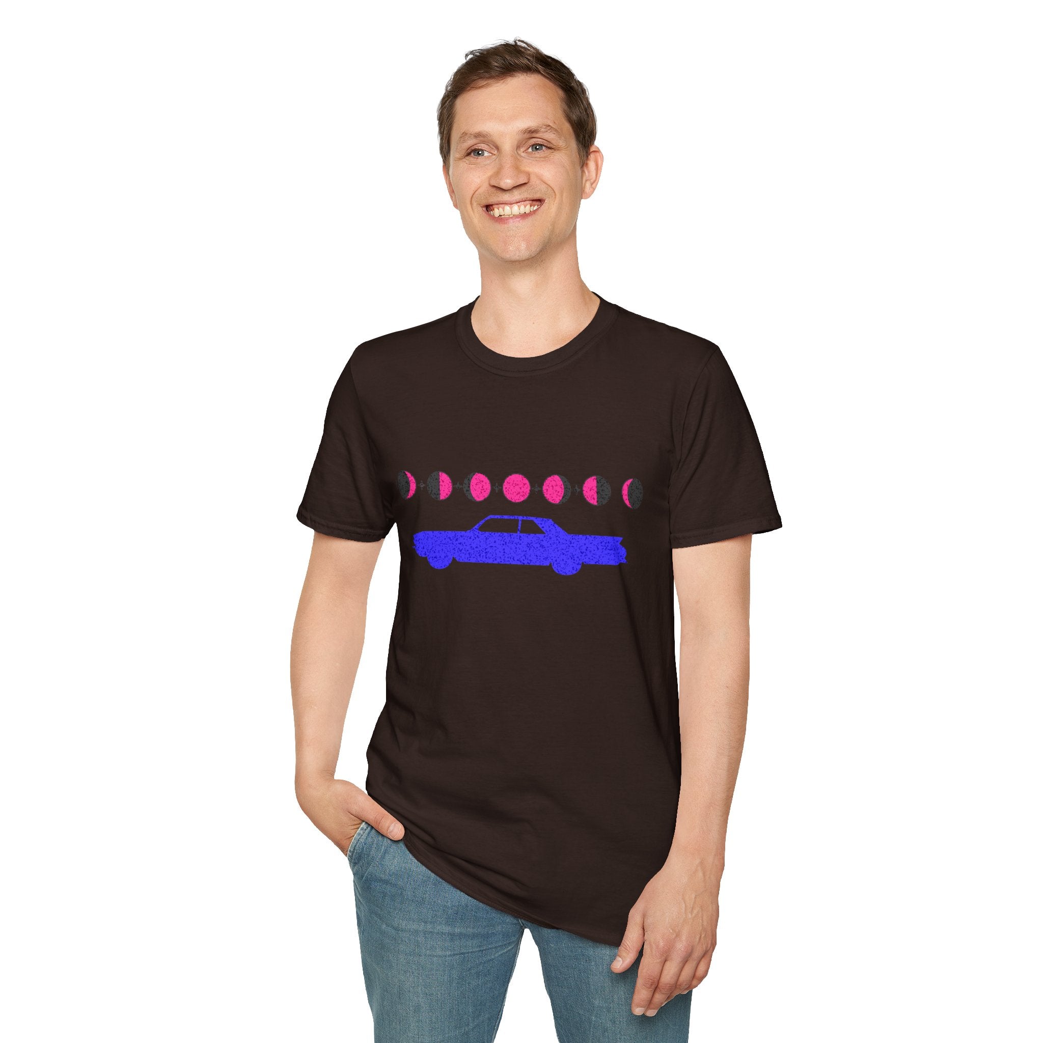 Retro Moon Phase Car T‑Shirt — Blue Classic Car with Pink Moon Phases