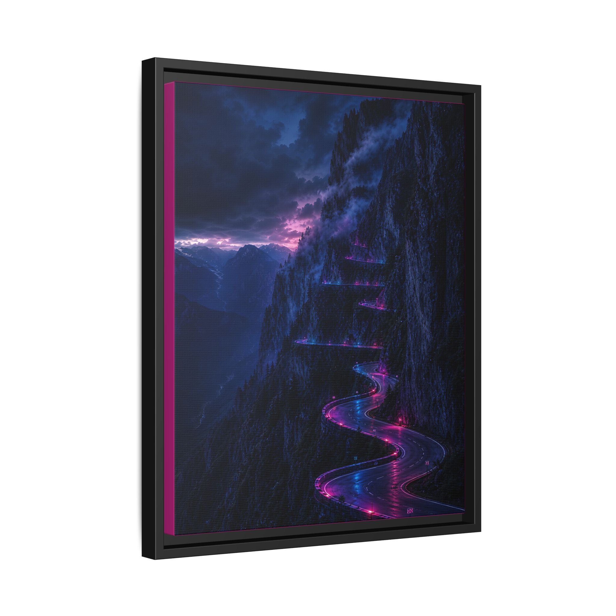 Neon Mountain Road Matte Canvas Print — Framed Nightscape Wall Art