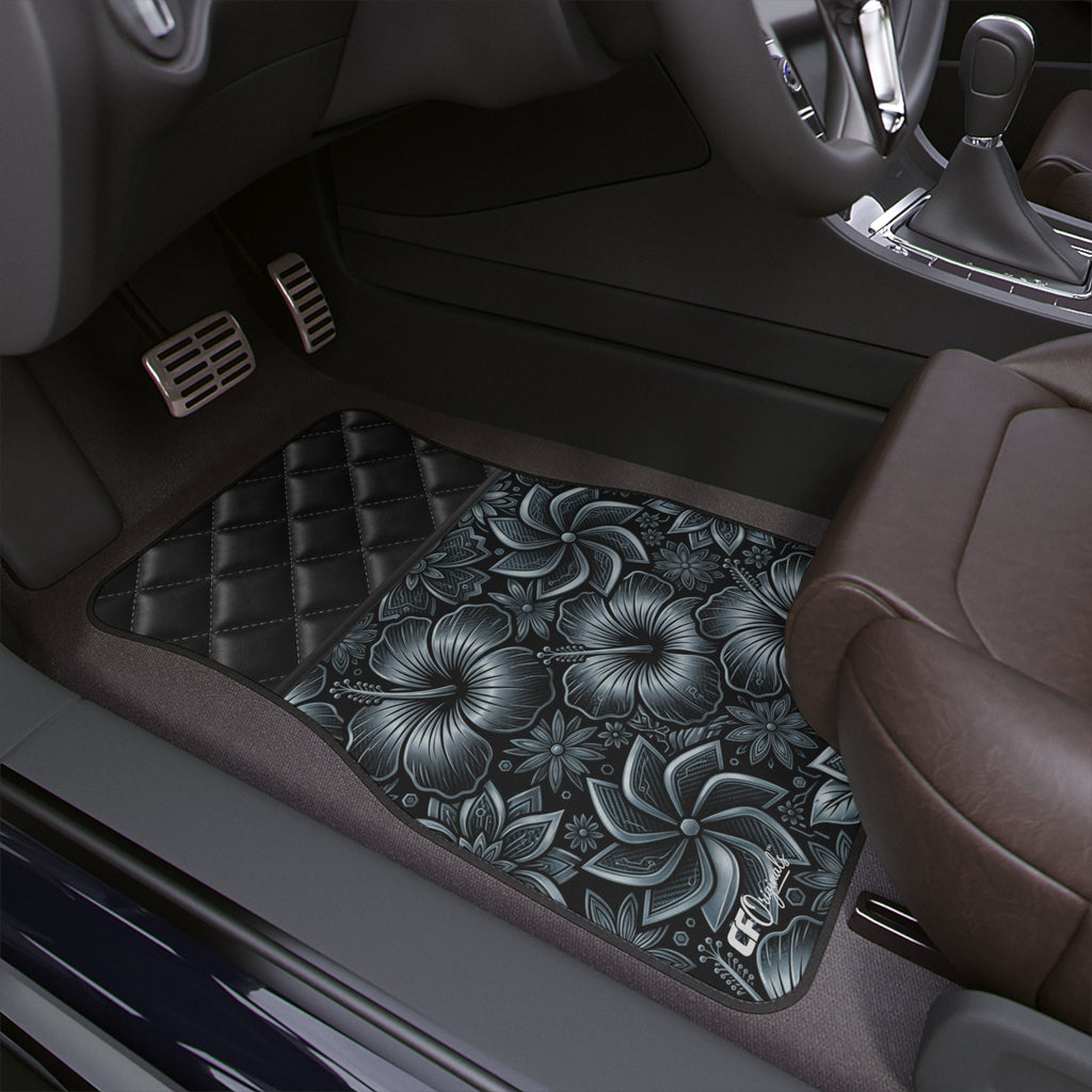 Floral Quilted-look Car Floor Mat — Monochrome Hibiscus Pattern, 1pc