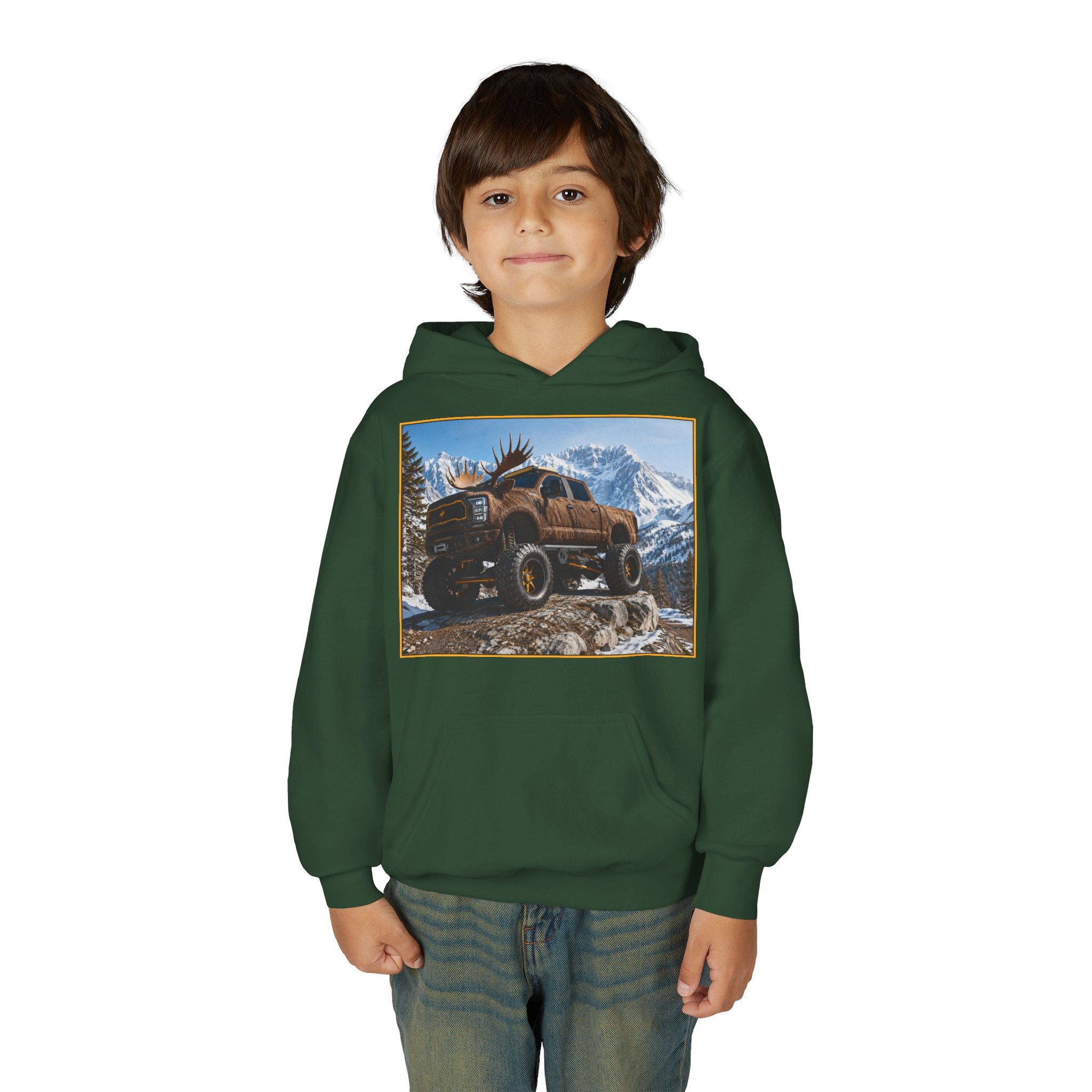 Youth Hoodie - Moose Truck Mountain Adventure Graphic