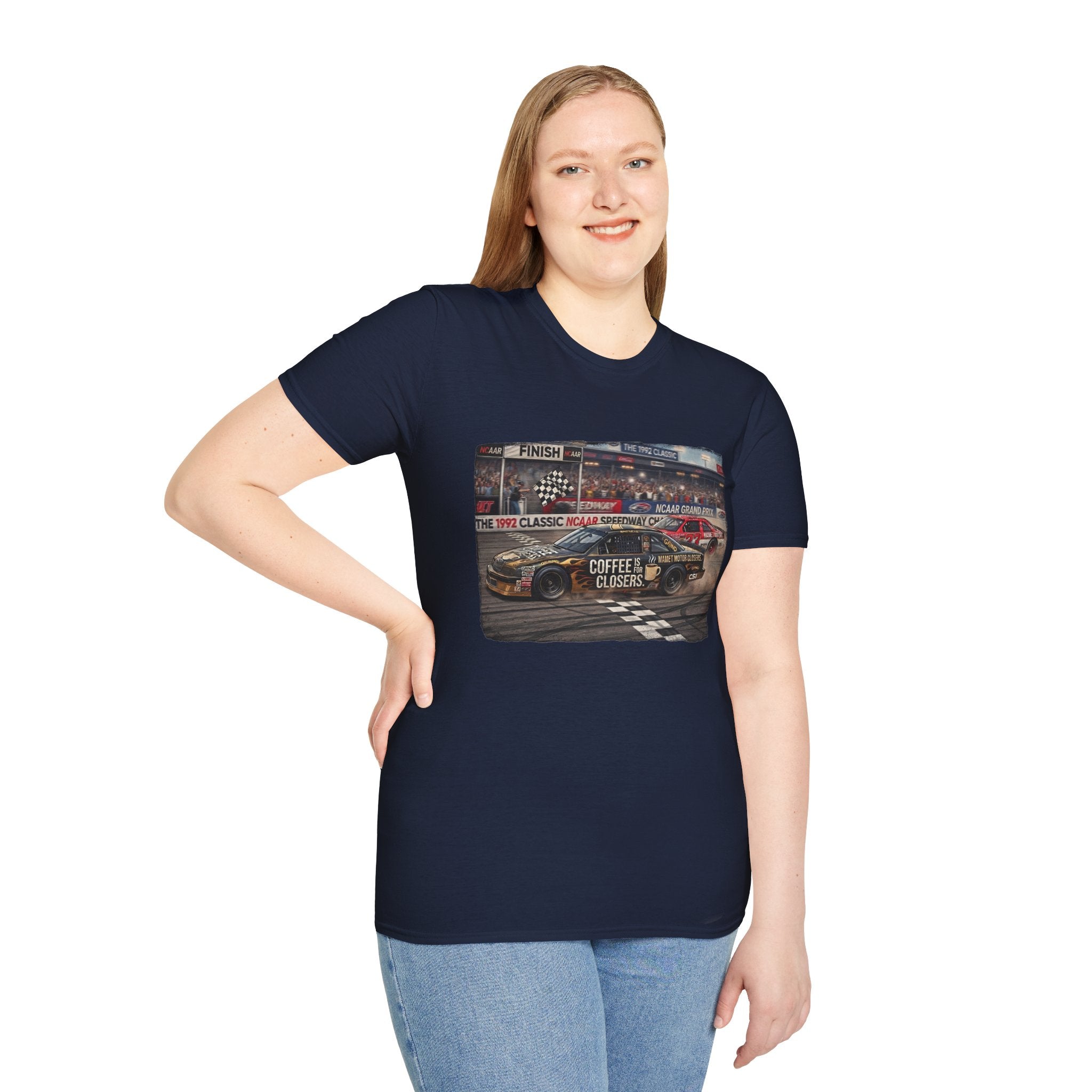 Race Day Vintage Stock Car Tee — 'Coffee is for Closers' Graphic
