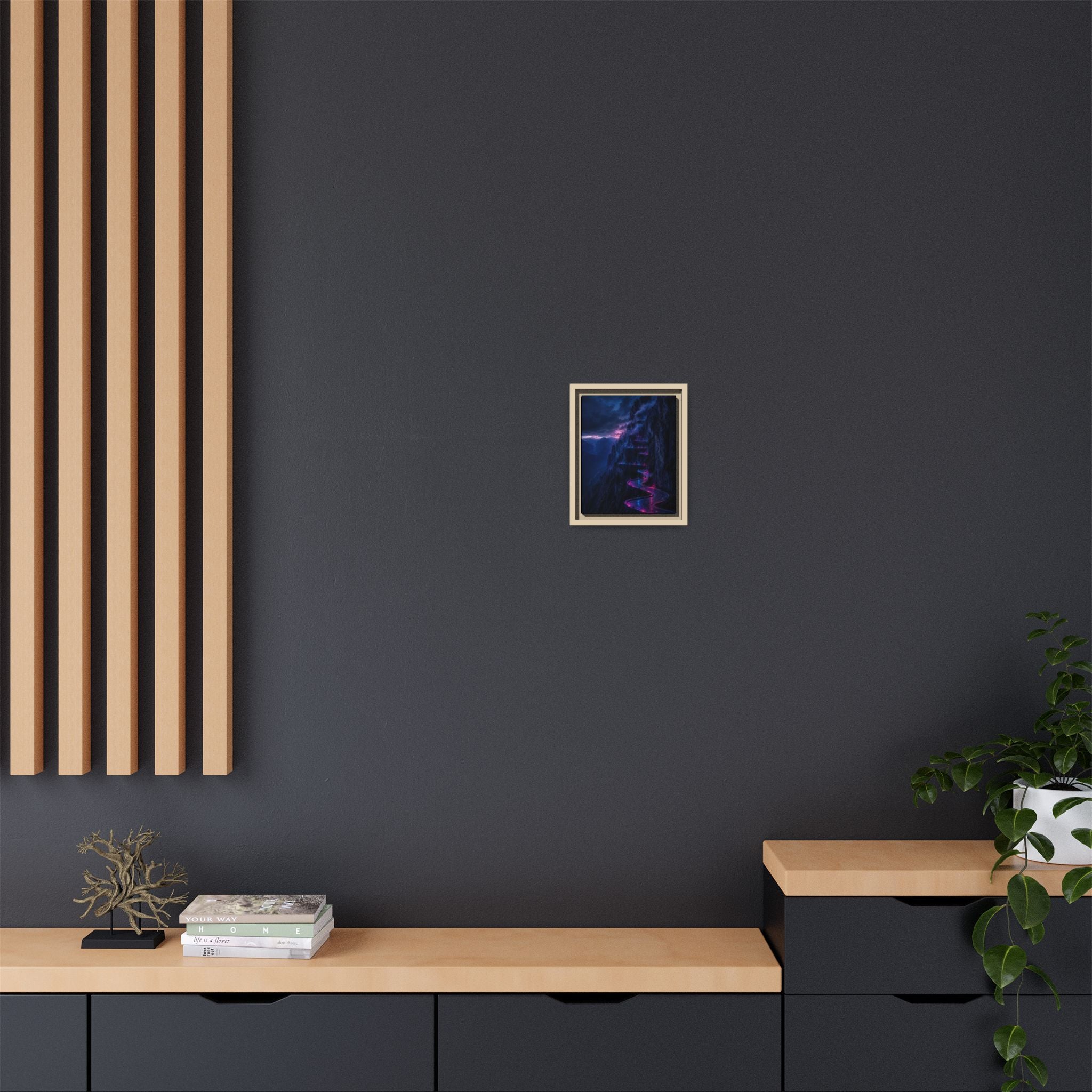 Neon Mountain Road Matte Canvas Print — Framed Nightscape Wall Art