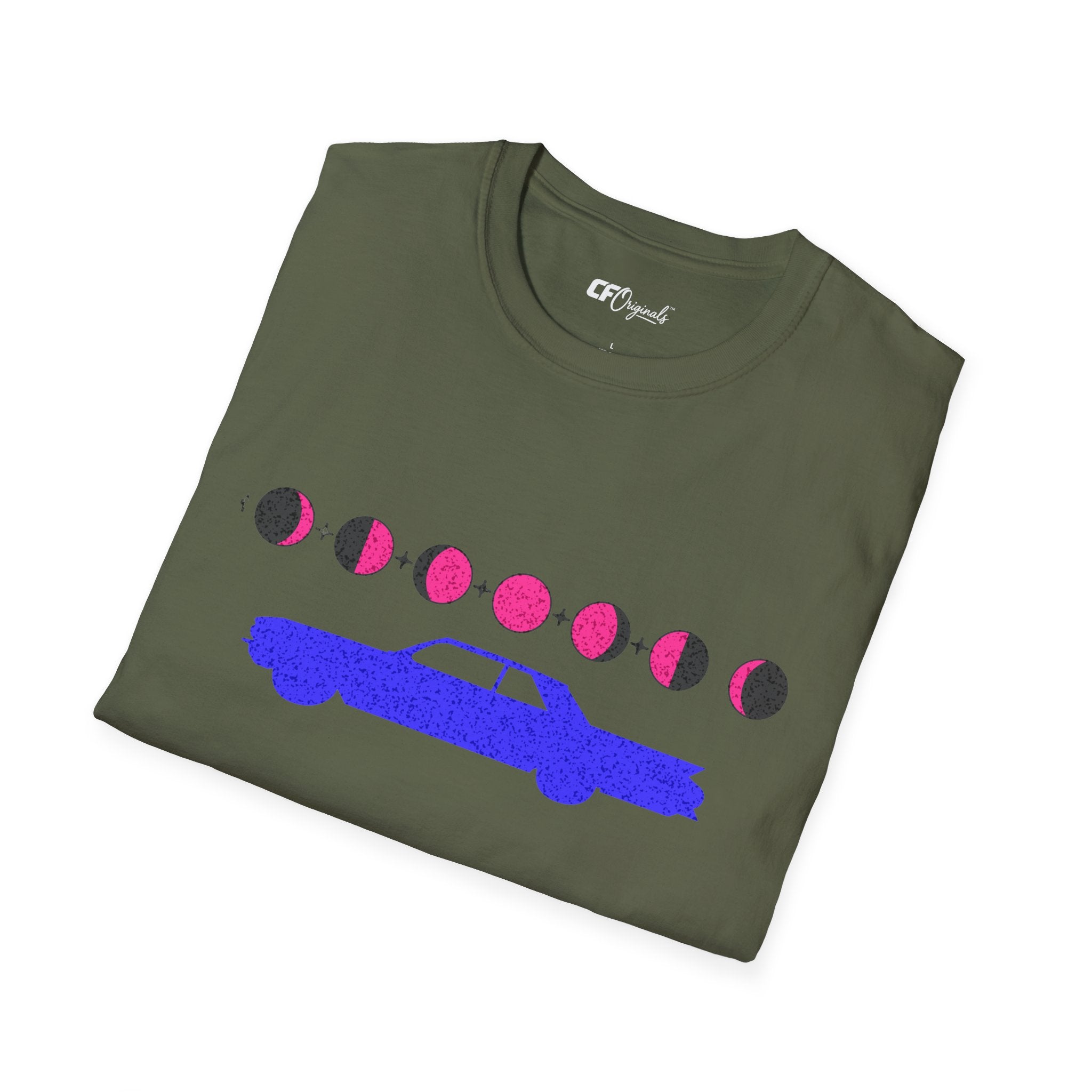 Retro Moon Phase Car T‑Shirt — Blue Classic Car with Pink Moon Phases