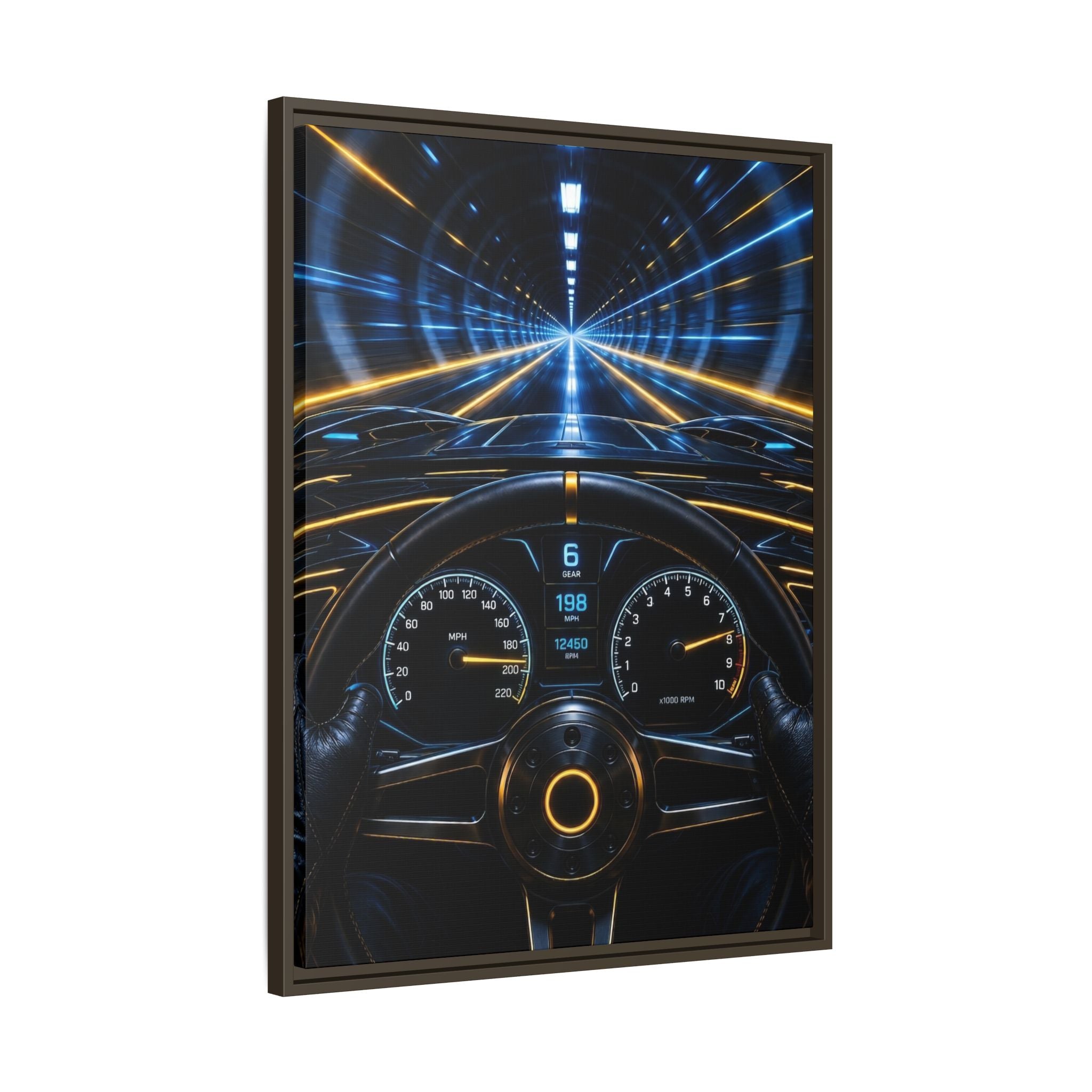 Tunnel Drive Framed Canvas Print — Retro Futuristic Car Dashboard Wall Art