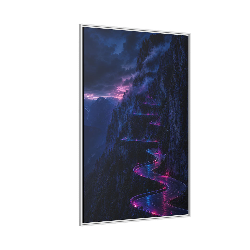 Neon Mountain Road Matte Canvas Print — Framed Nightscape Wall Art