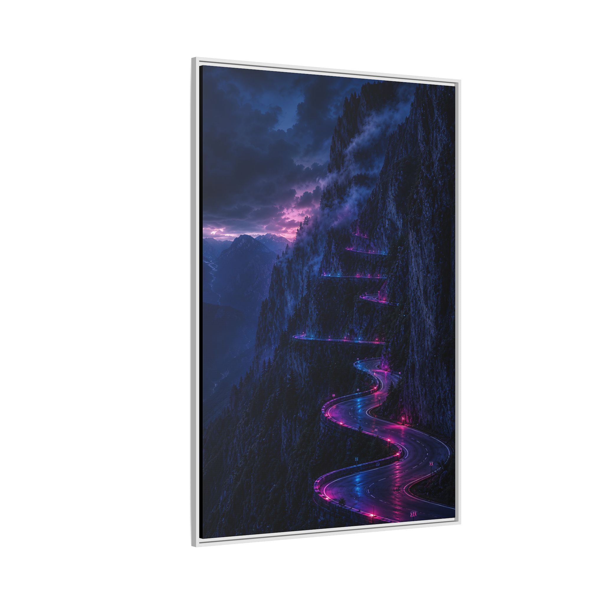 Neon Mountain Road Matte Canvas Print — Framed Nightscape Wall Art