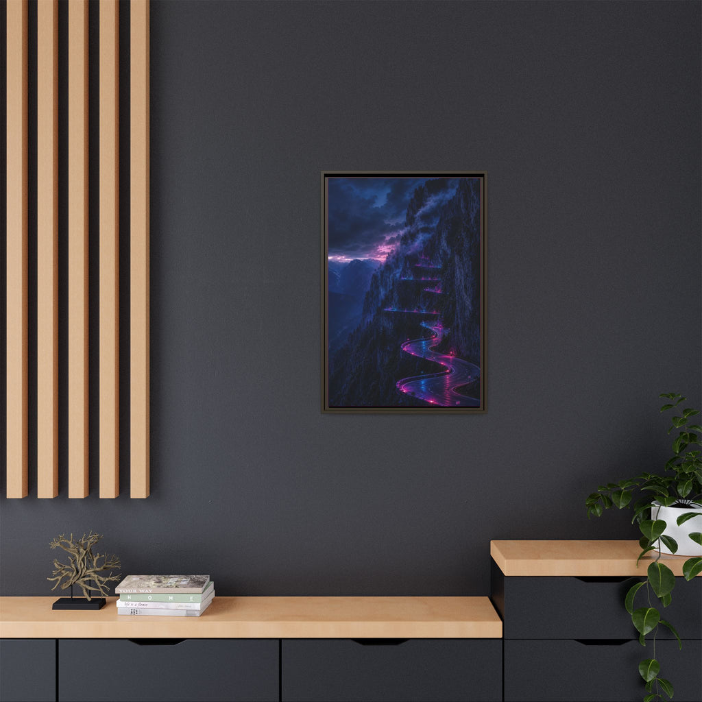Neon Mountain Road Matte Canvas Print — Framed Nightscape Wall Art