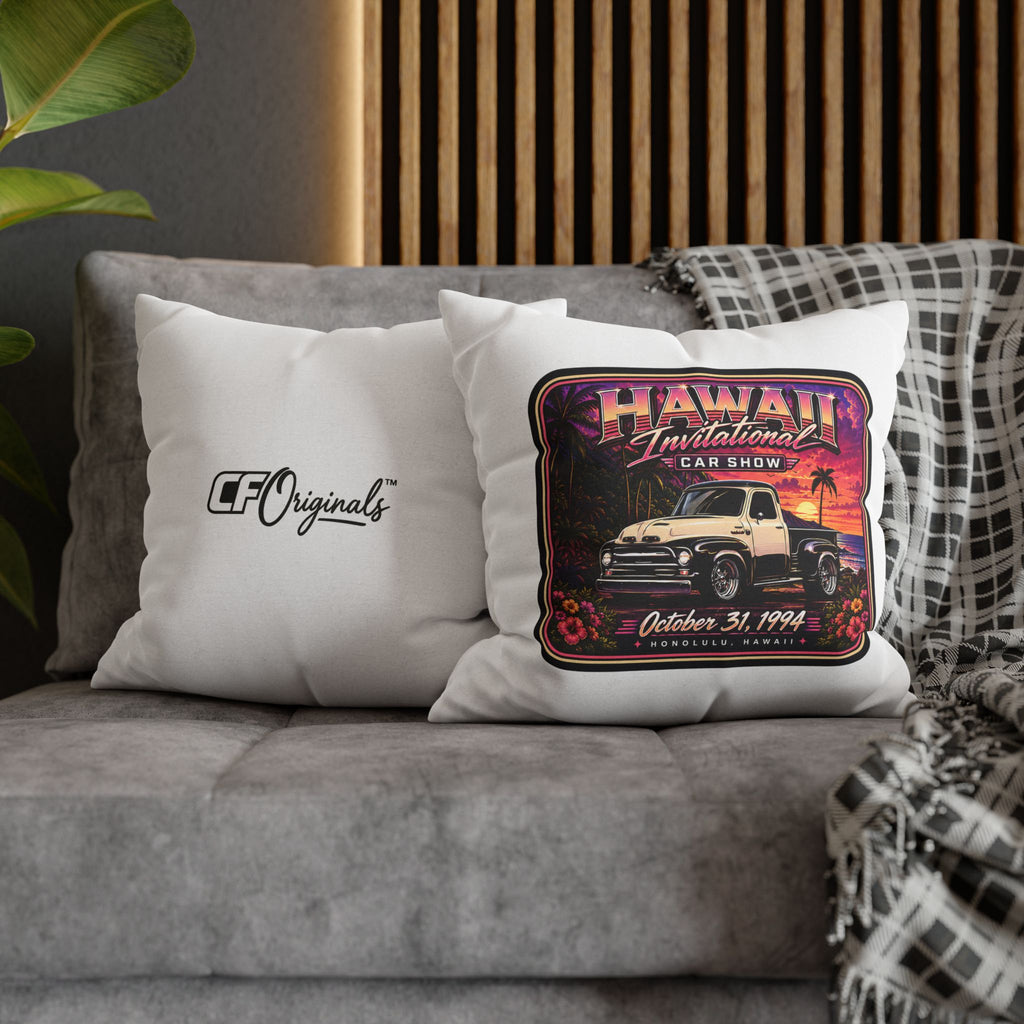 Hawaii Invitational Car Show Throw Pillow — Vintage Truck Sunset Design