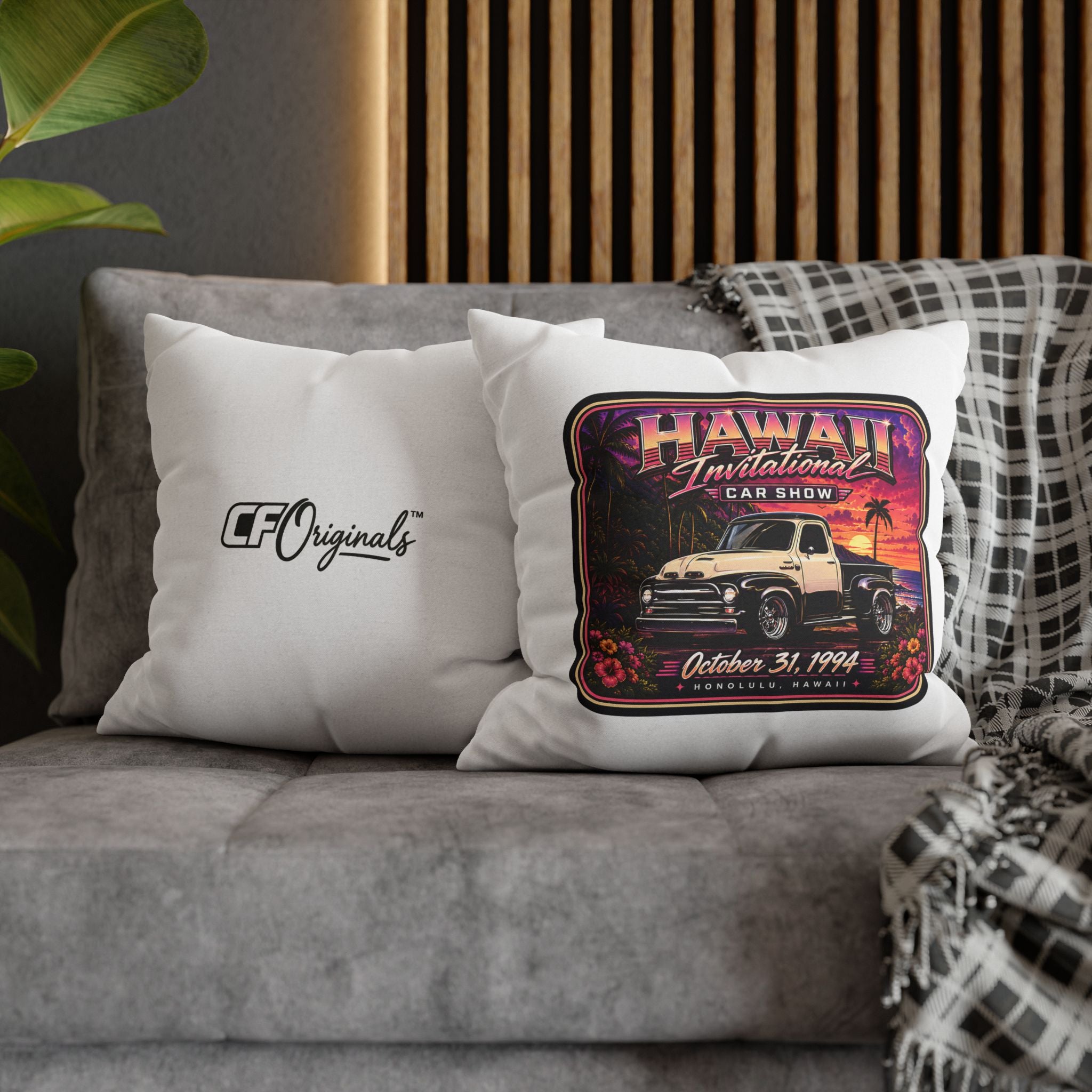 Hawaii Invitational Car Show Throw Pillow — Vintage Truck Sunset Design