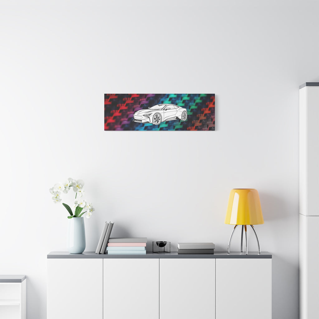 Modern Sports Car Canvas Wall Art – White Line Drawing on Rainbow Carbon Fiber Background
