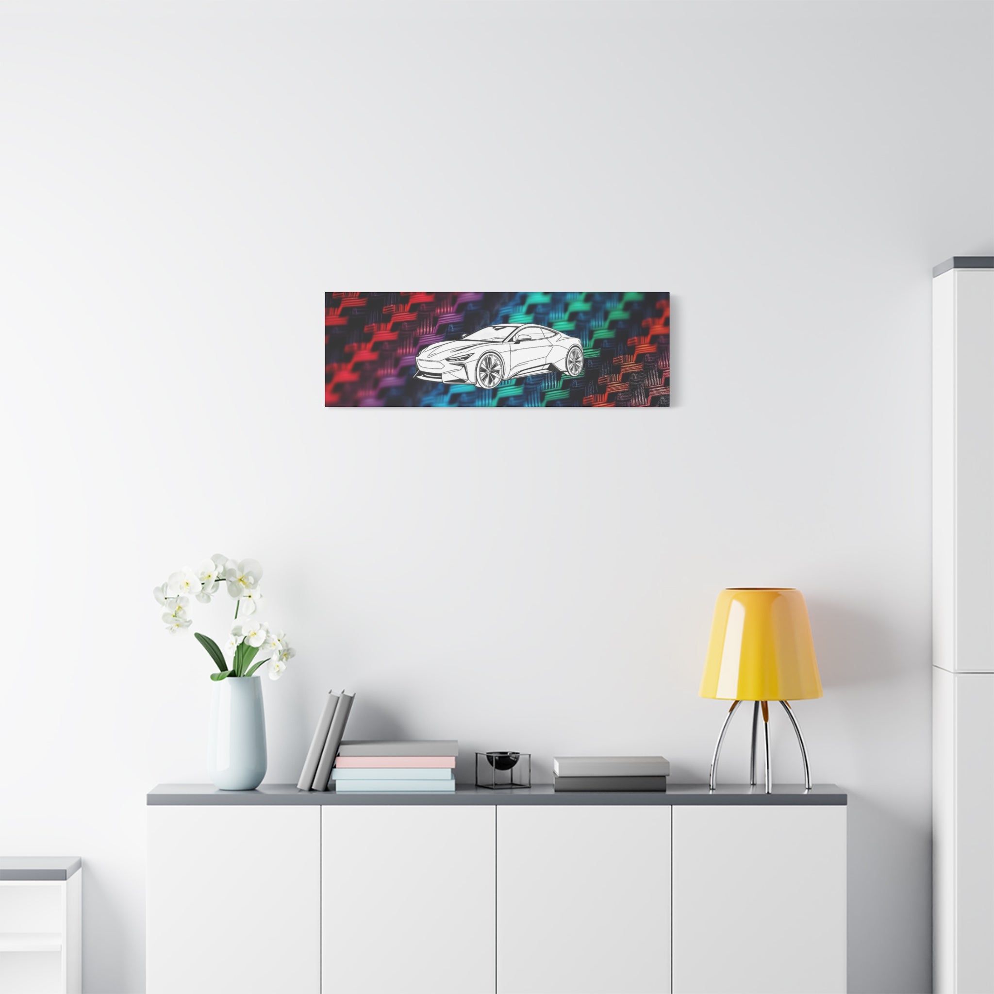Modern Sports Car Canvas Wall Art – White Line Drawing on Rainbow Carbon Fiber Background