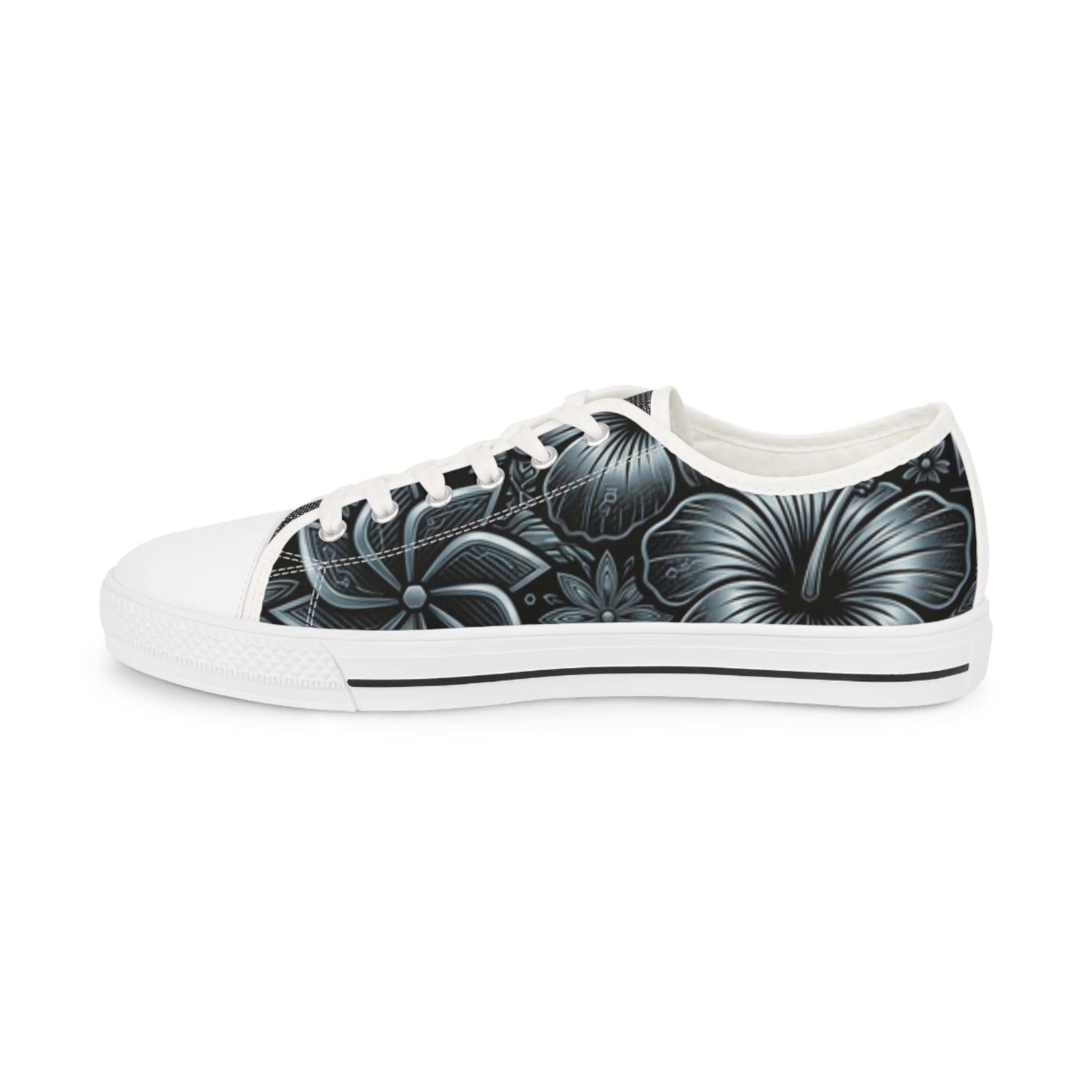 Men's Hibiscus Low Top Sneakers — Black & Silver Tropical Canvas Shoes