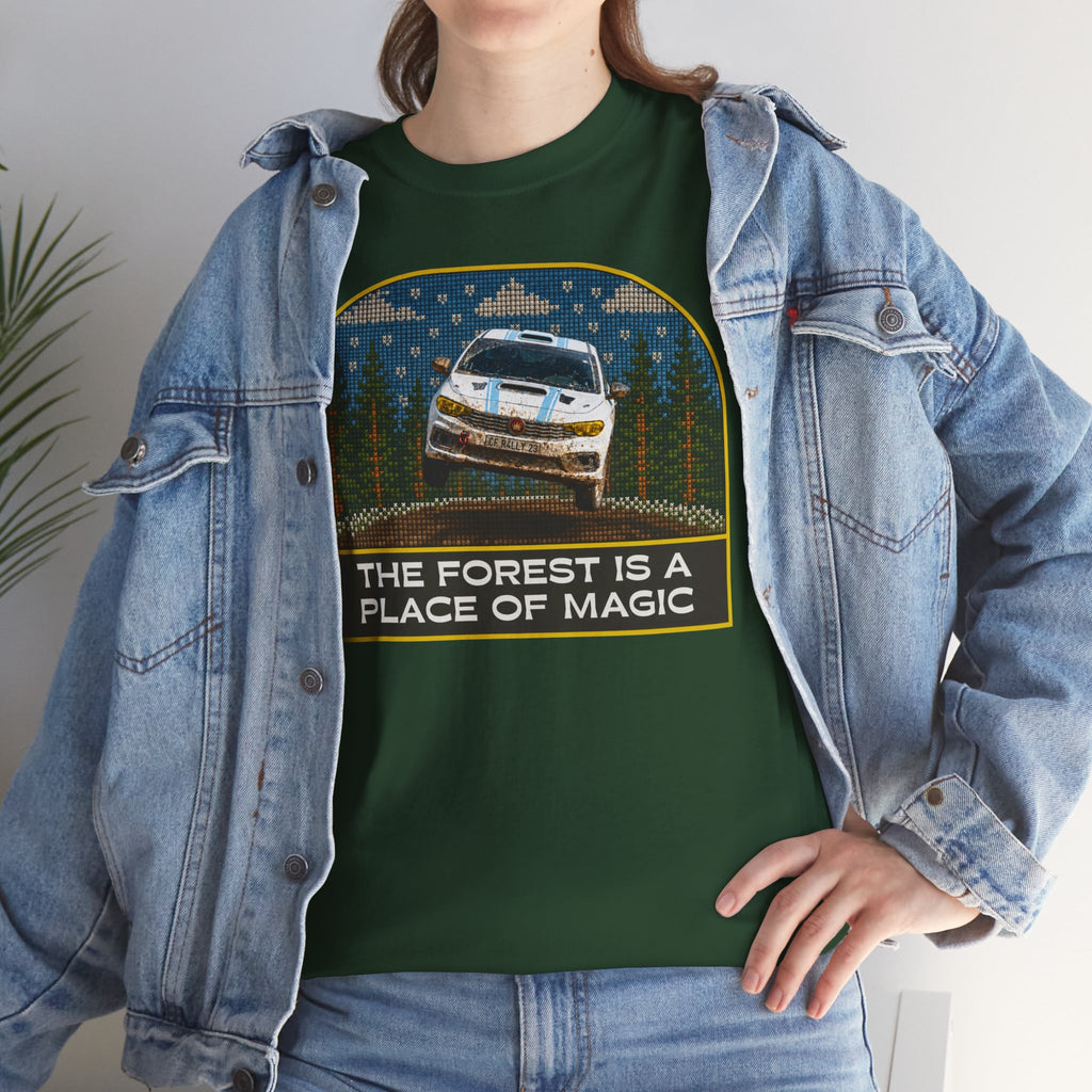 Forest Rally T‑Shirt – 'The Forest Is a Place of Magic' Cross-stitched Style Graphic