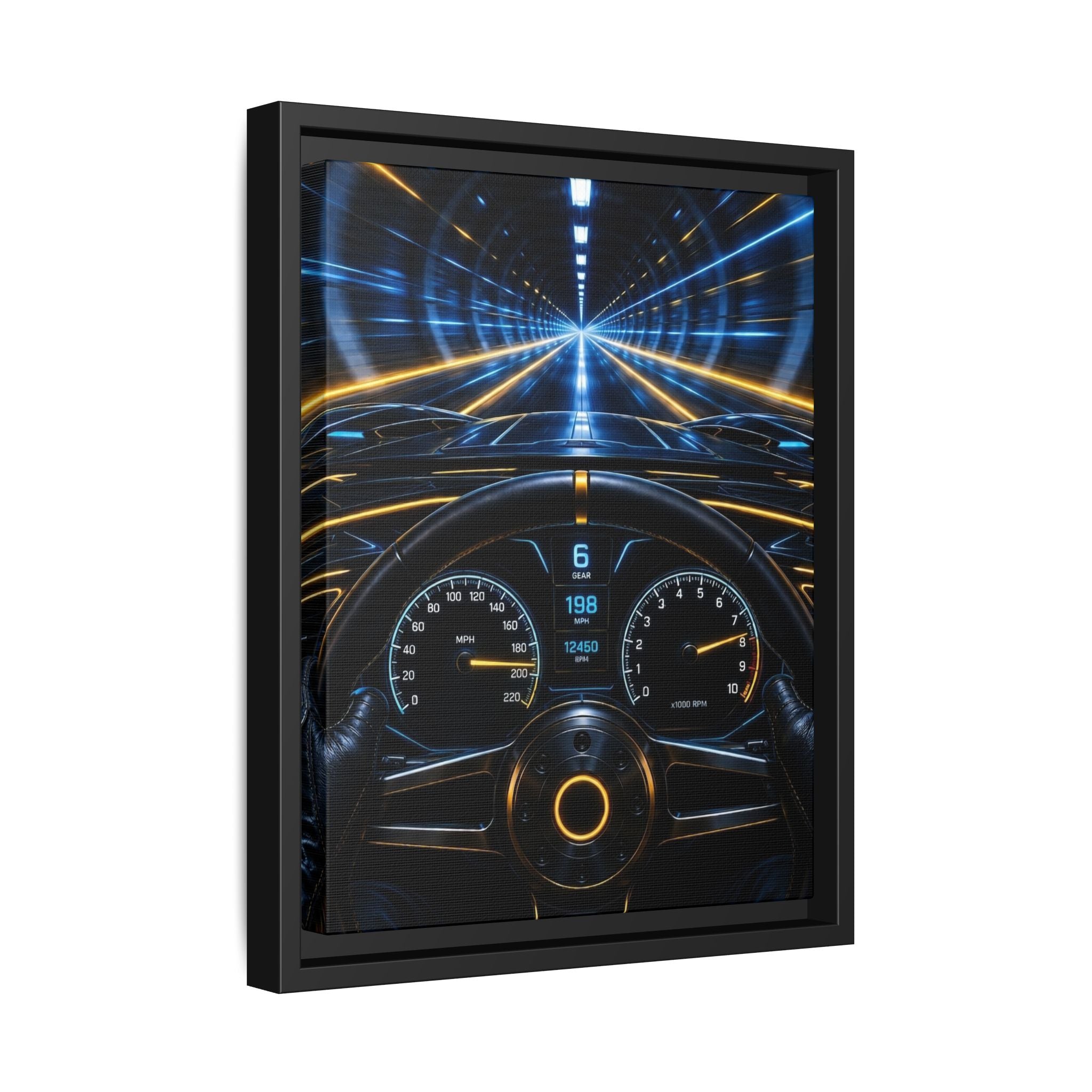 Tunnel Drive Framed Canvas Print — Retro Futuristic Car Dashboard Wall Art