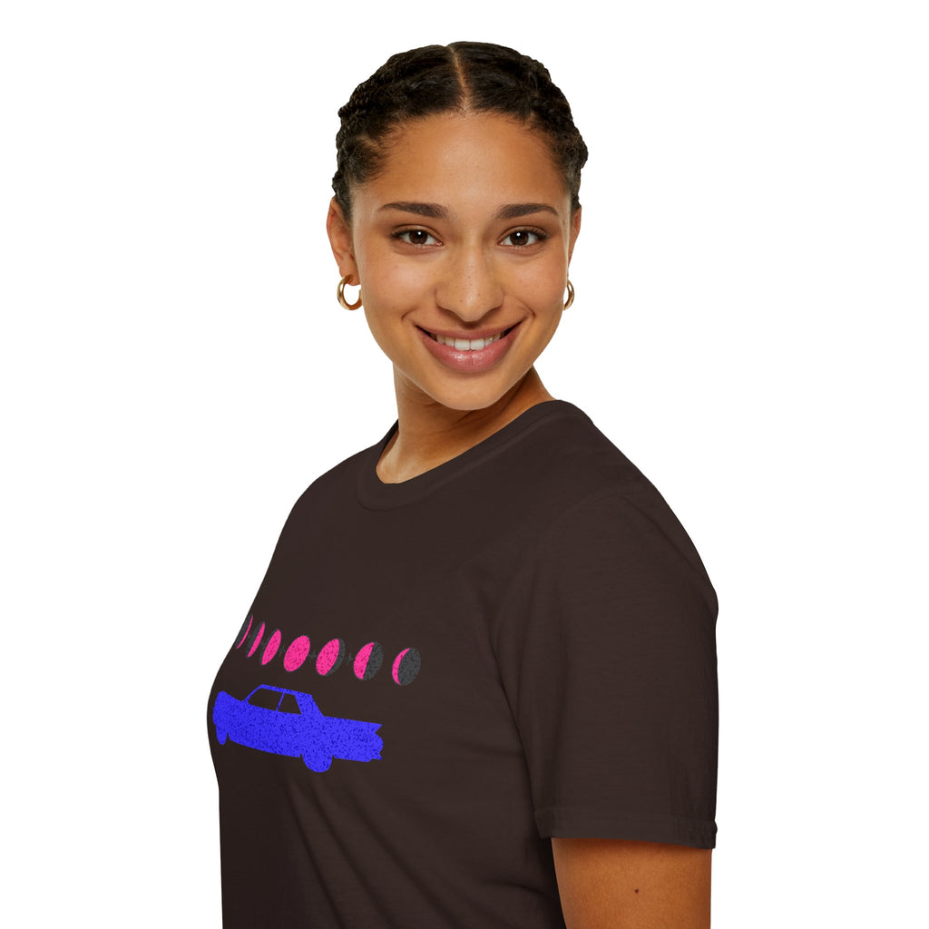 Retro Moon Phase Car T‑Shirt — Blue Classic Car with Pink Moon Phases
