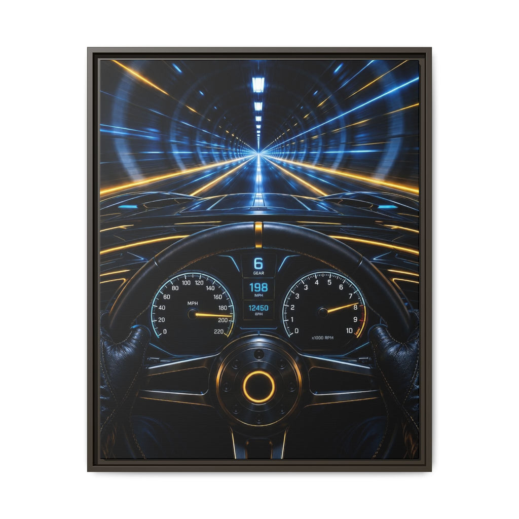 Tunnel Drive Framed Canvas Print — Retro Futuristic Car Dashboard Wall Art