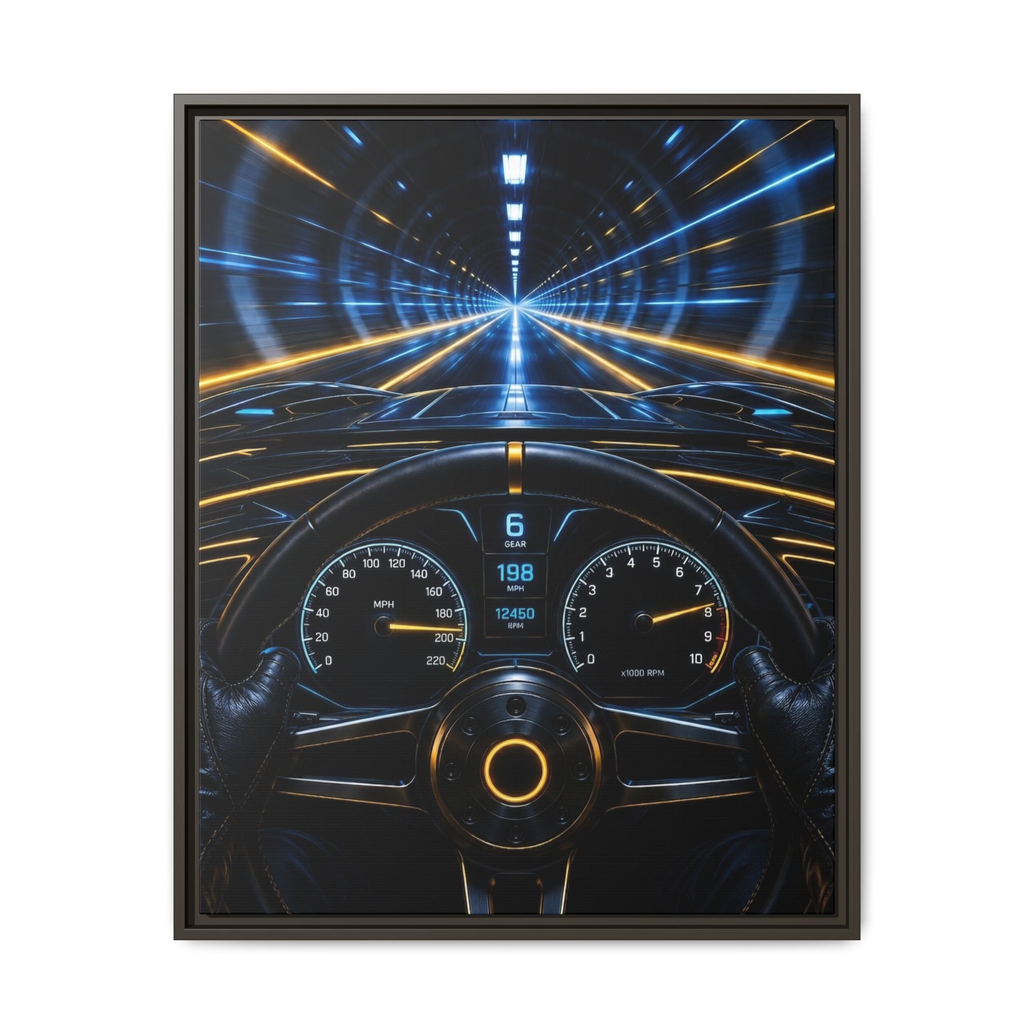 Tunnel Drive Framed Canvas Print — Retro Futuristic Car Dashboard Wall Art