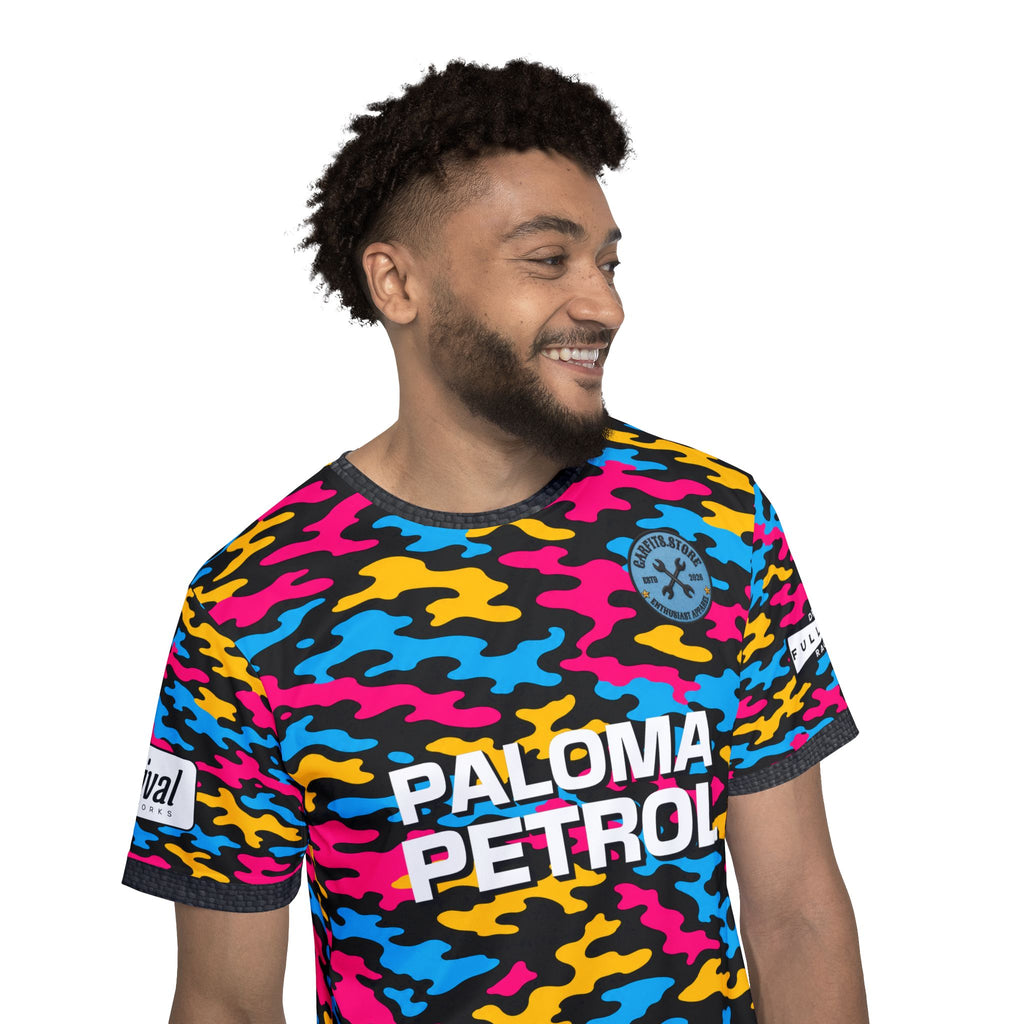 Paloma Petrol Neon Camo Racing Jersey — Men's Motorsport Sports Tee