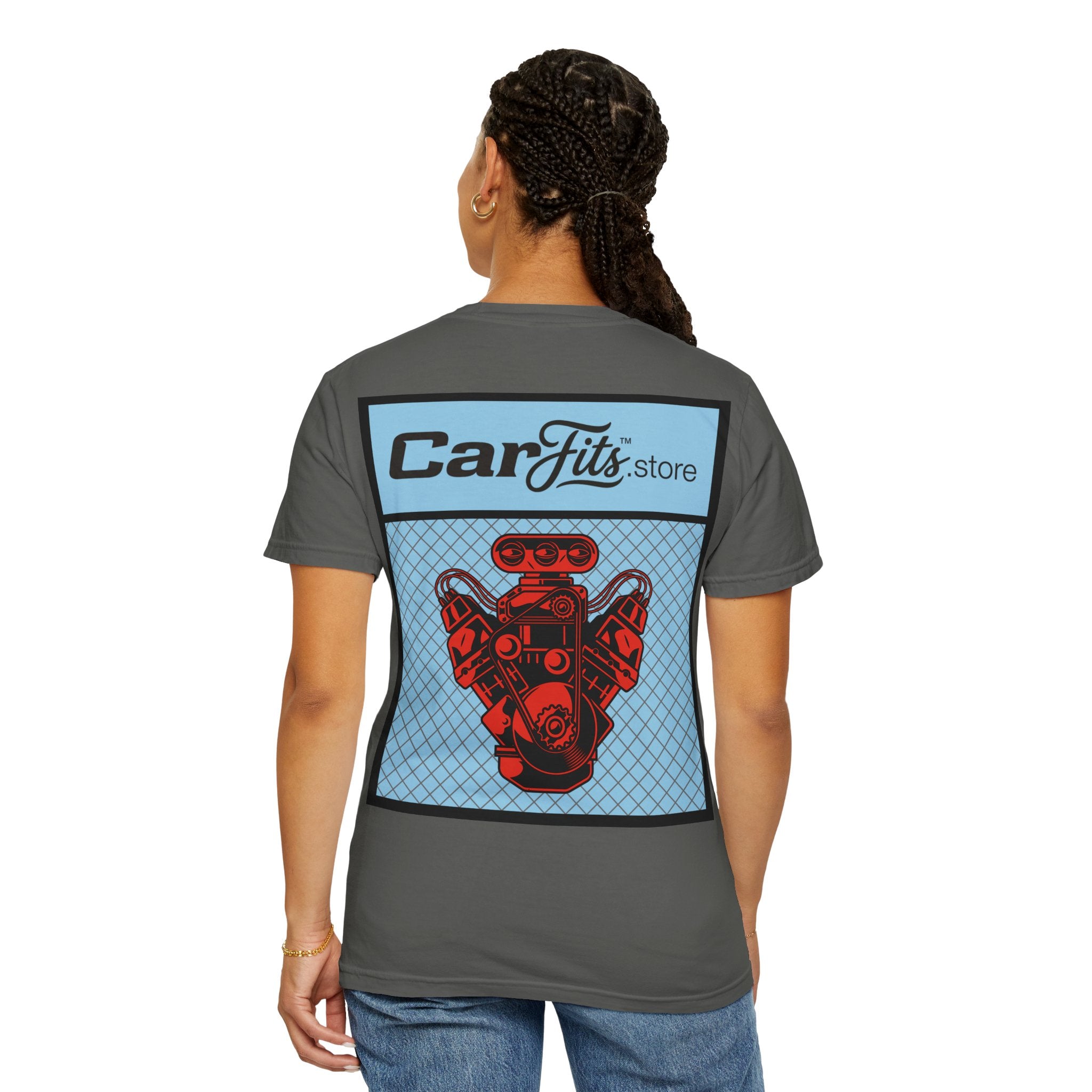 CarFits.store Big Prints T-Shirt — Retro Engine & Scenic Drive