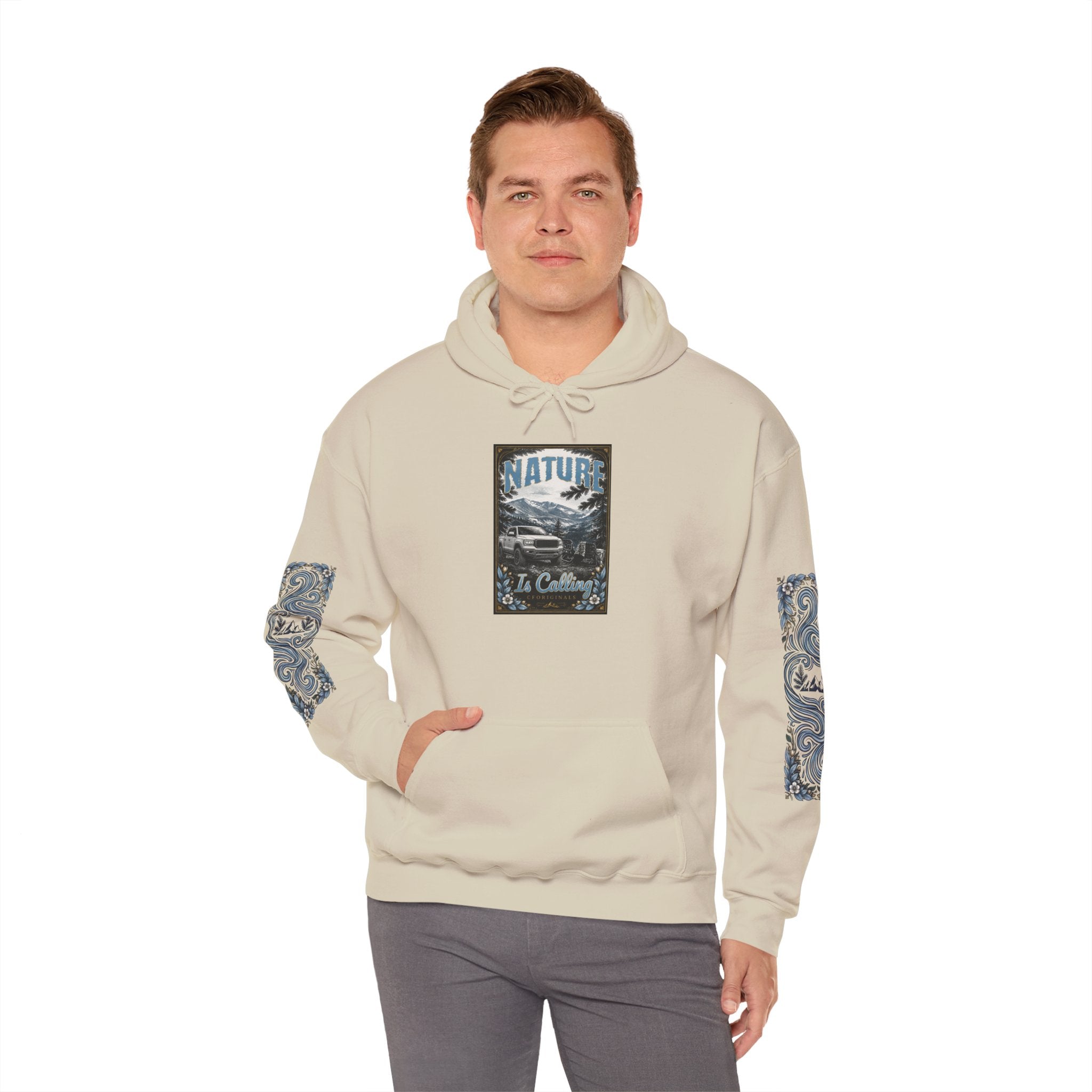 Nature Is Calling Hoodie — Scenic Mountain Graphic Hooded Sweatshirt with Sleeve Paisley Art