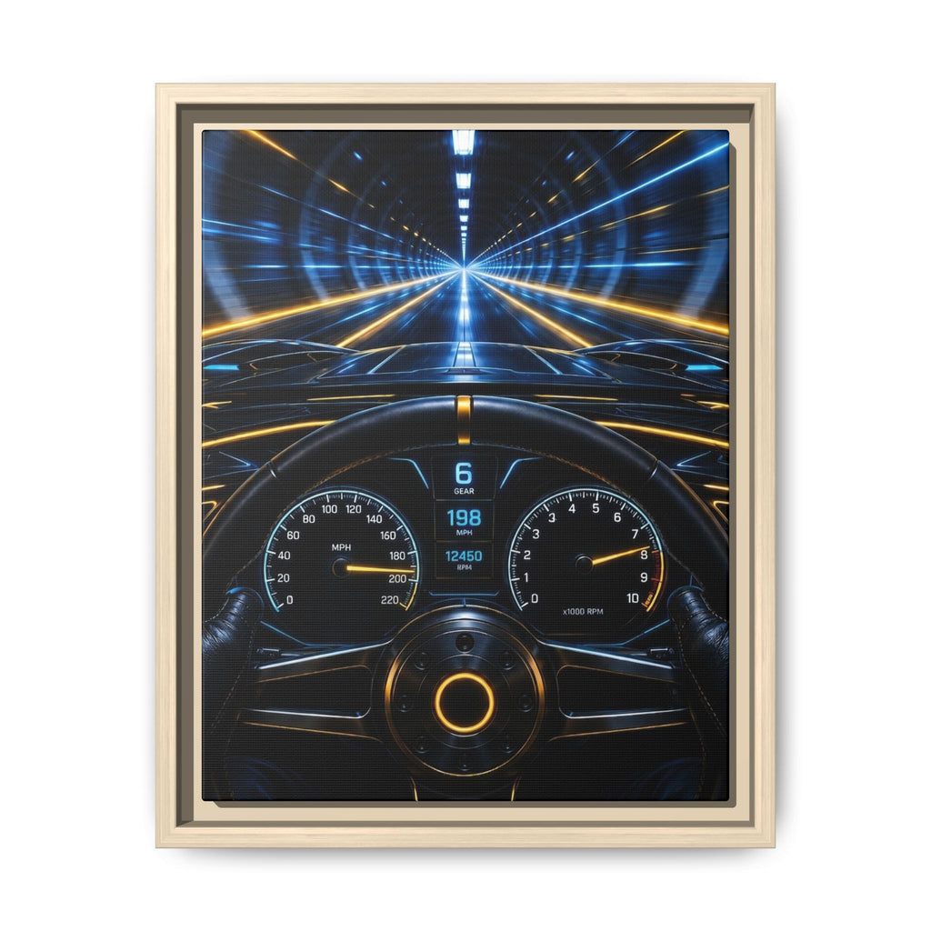 Tunnel Drive Framed Canvas Print — Retro Futuristic Car Dashboard Wall Art