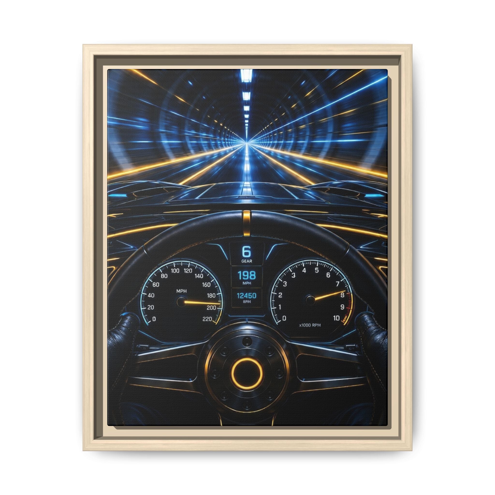 Tunnel Drive Framed Canvas Print — Retro Futuristic Car Dashboard Wall Art