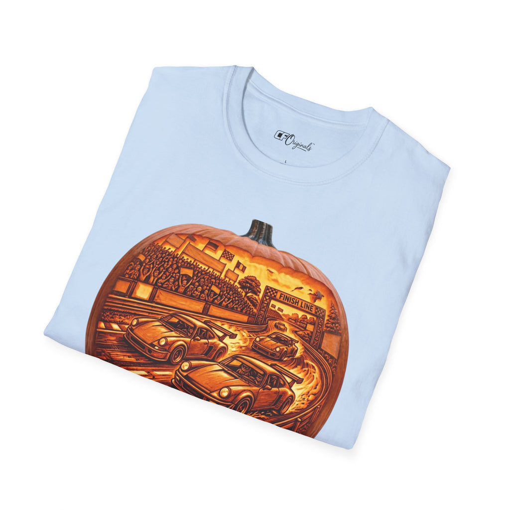 Vintage Racing Pumpkin T-Shirt — Retro Car Grand Prix Halloween Tee