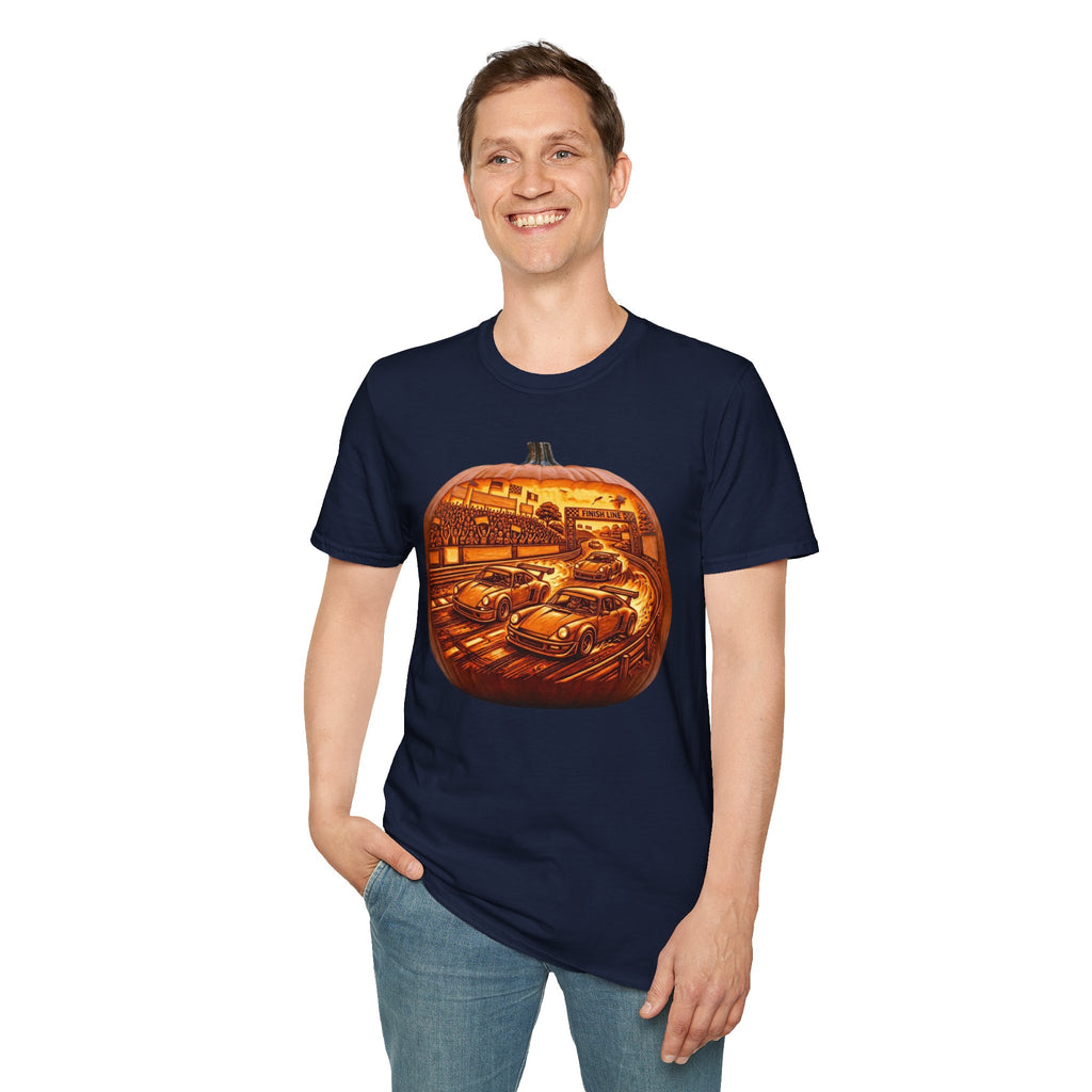 Vintage Racing Pumpkin T-Shirt — Retro Car Grand Prix Halloween Tee
