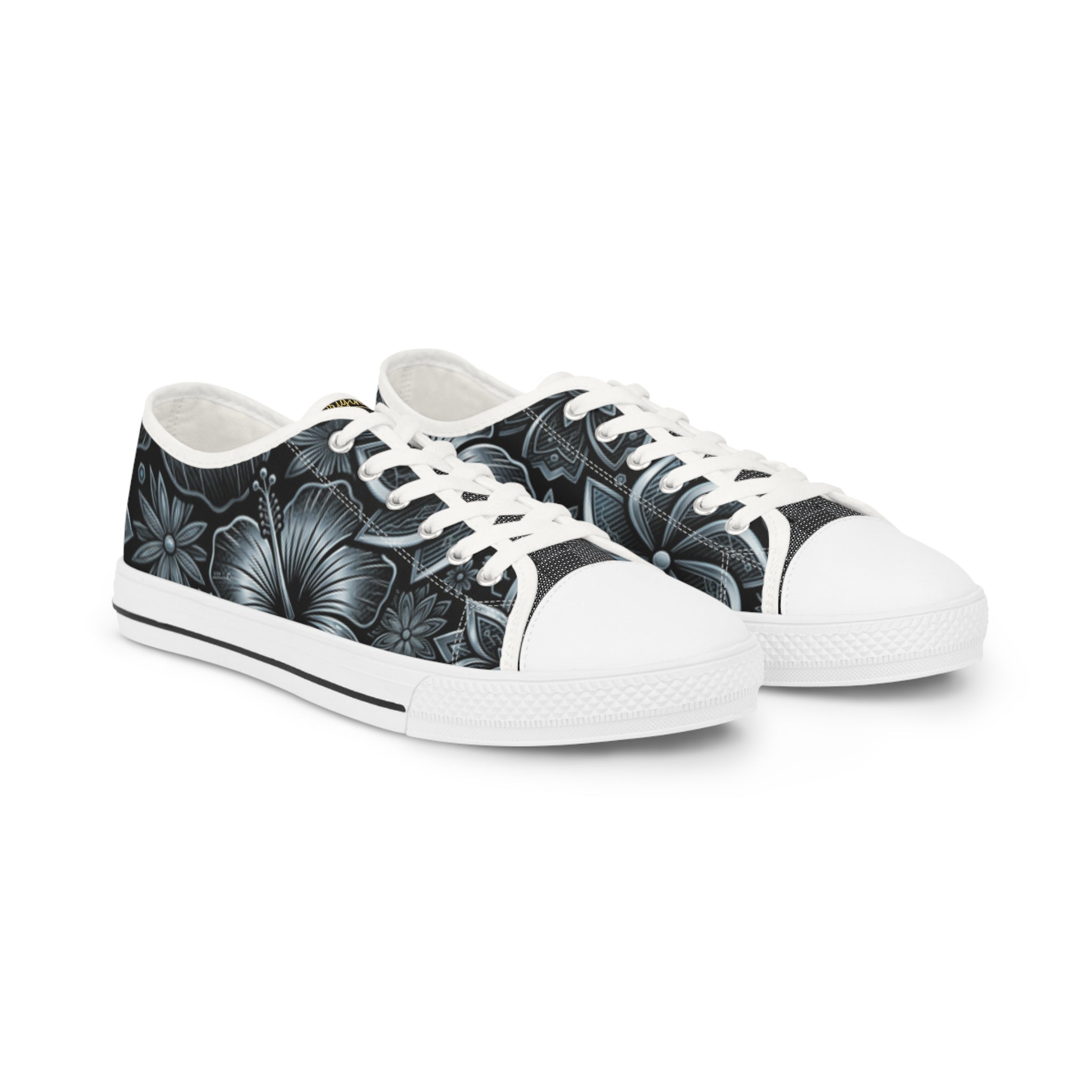 Men's Hibiscus Low Top Sneakers — Black & Silver Tropical Canvas Shoes