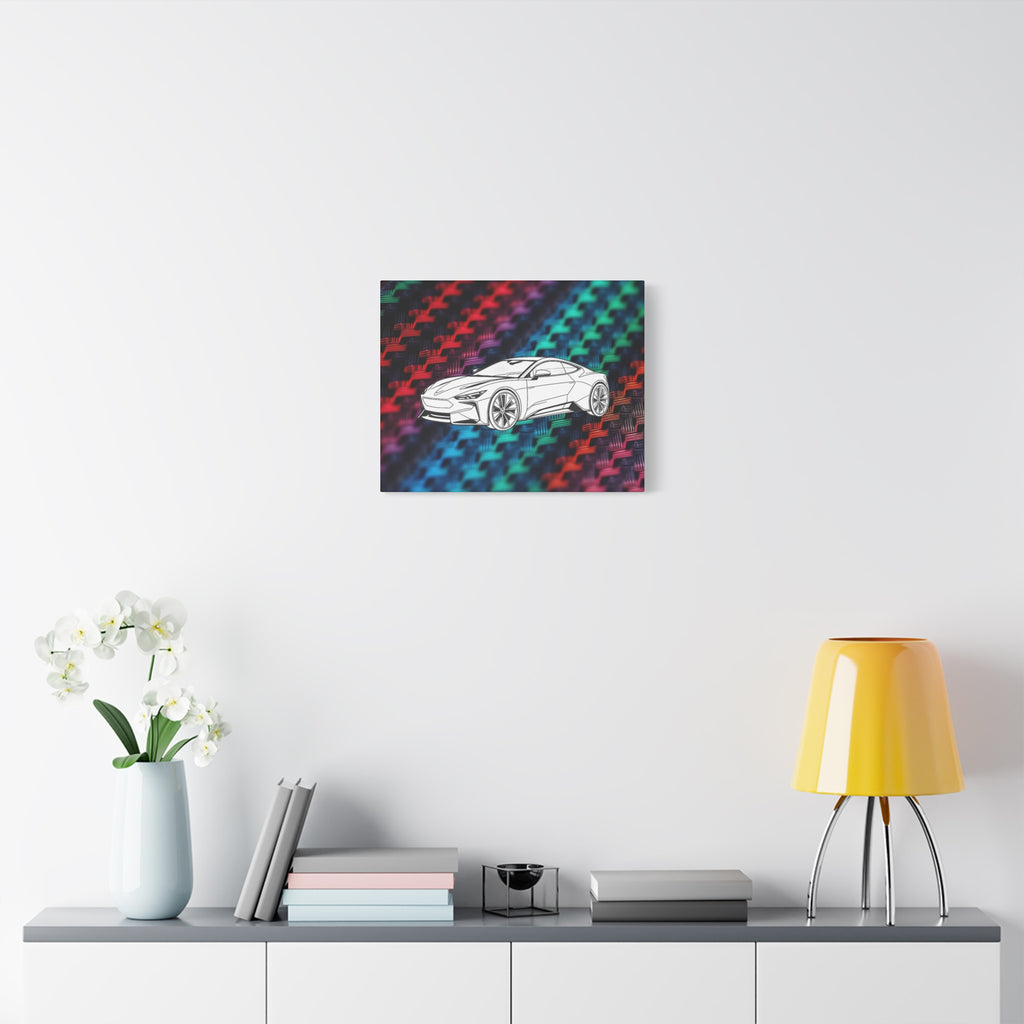 Modern Sports Car Canvas Wall Art – White Line Drawing on Rainbow Carbon Fiber Background