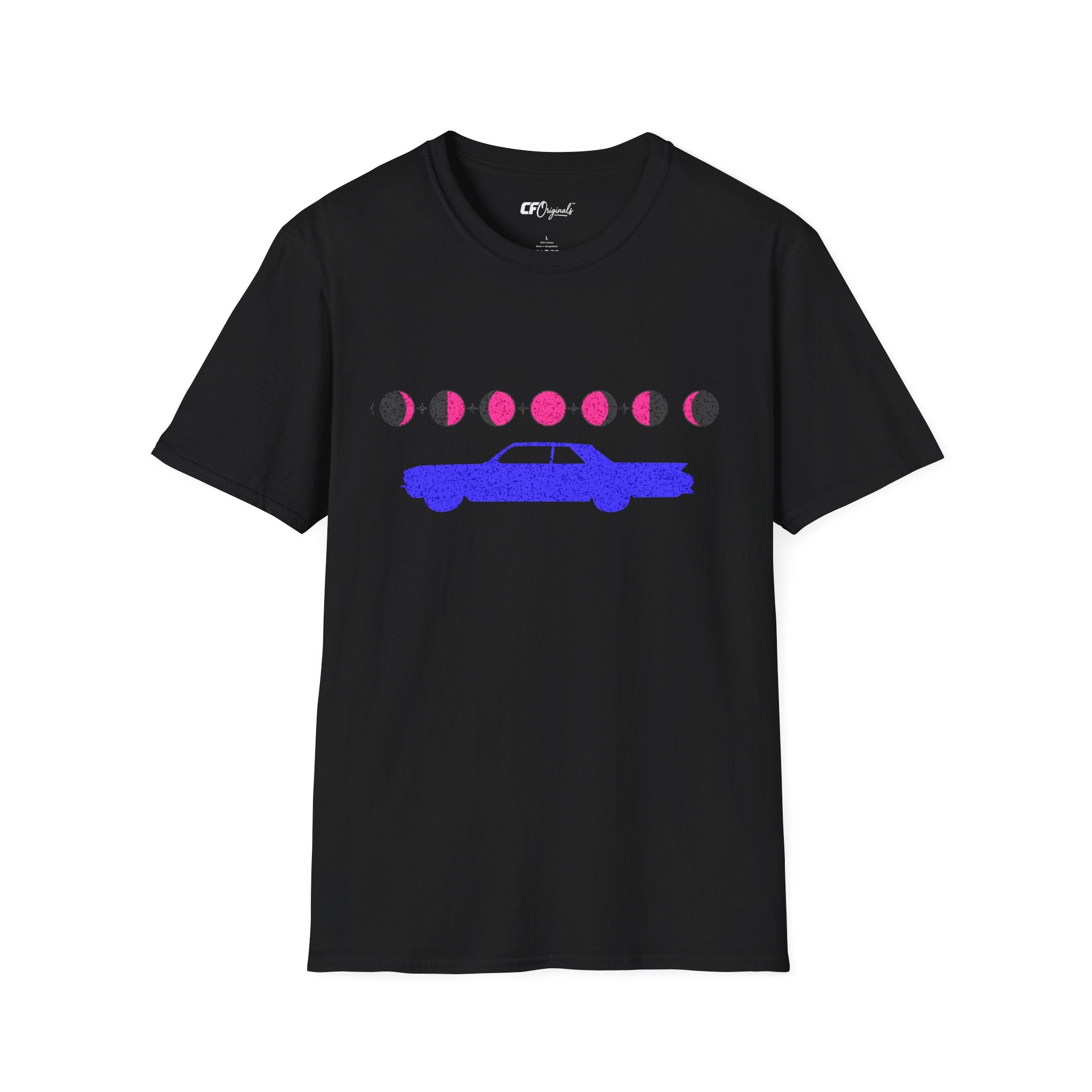Retro Moon Phase Car T‑Shirt — Blue Classic Car with Pink Moon Phases