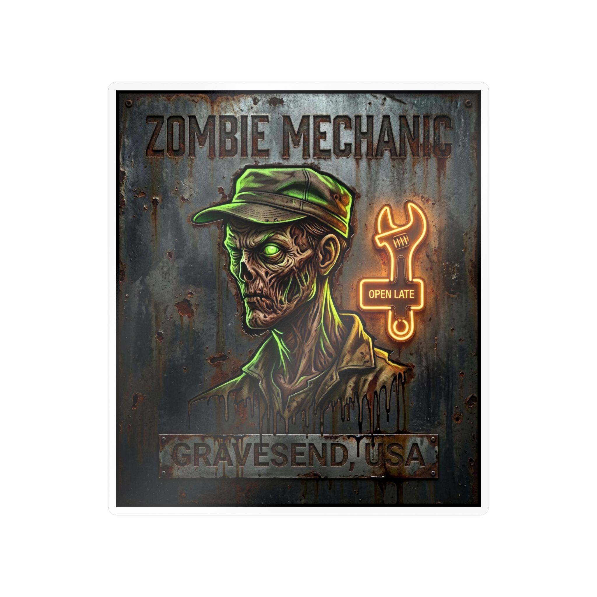 Zombie Mechanic Vinyl Decal — Horror Garage Sticker (Kiss-Cut)