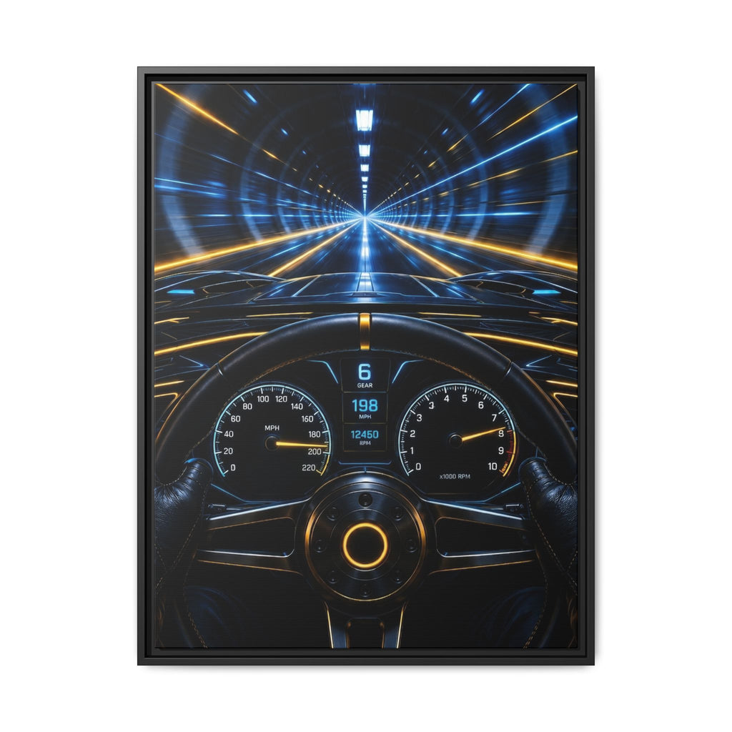 Tunnel Drive Framed Canvas Print — Retro Futuristic Car Dashboard Wall Art