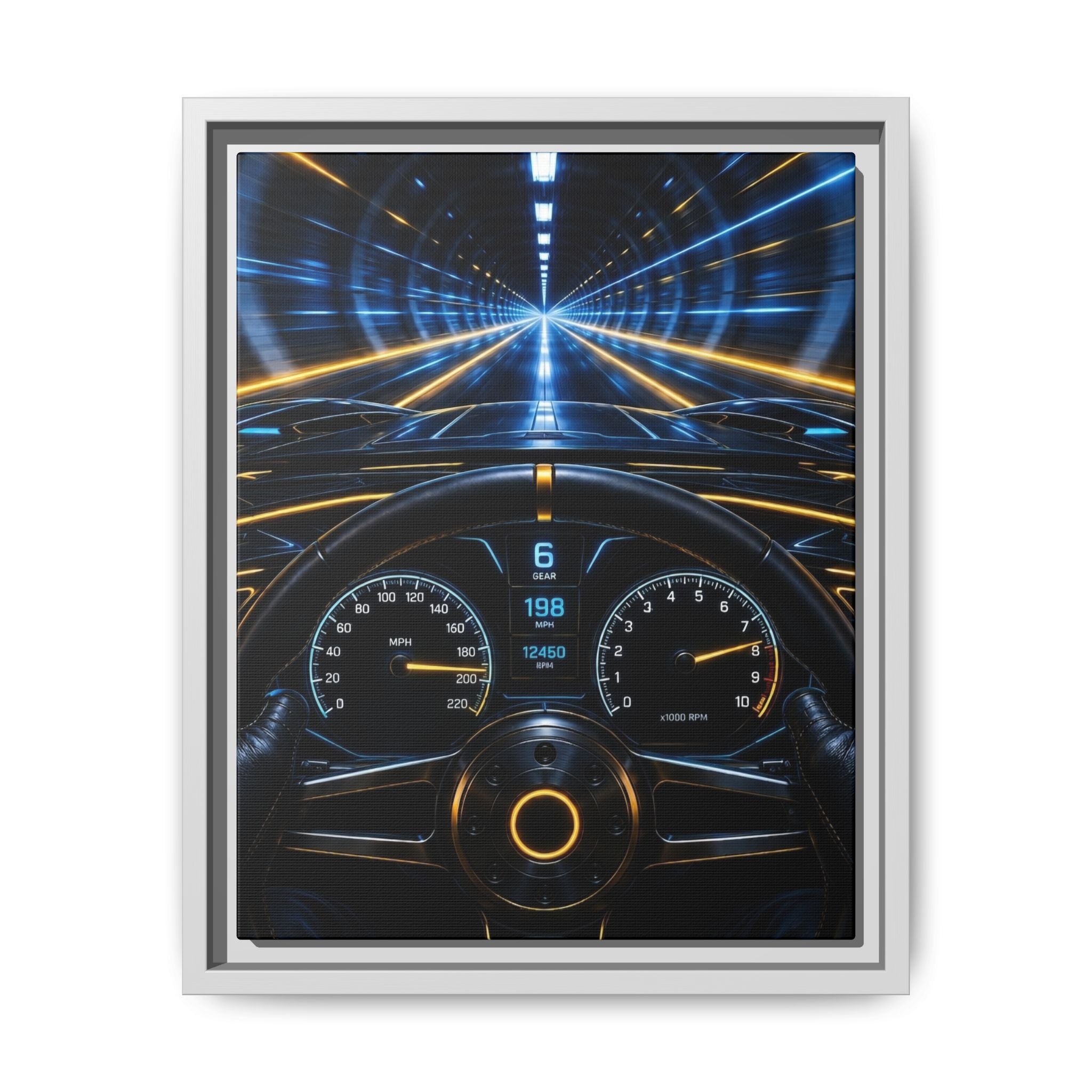 Tunnel Drive Framed Canvas Print — Retro Futuristic Car Dashboard Wall Art