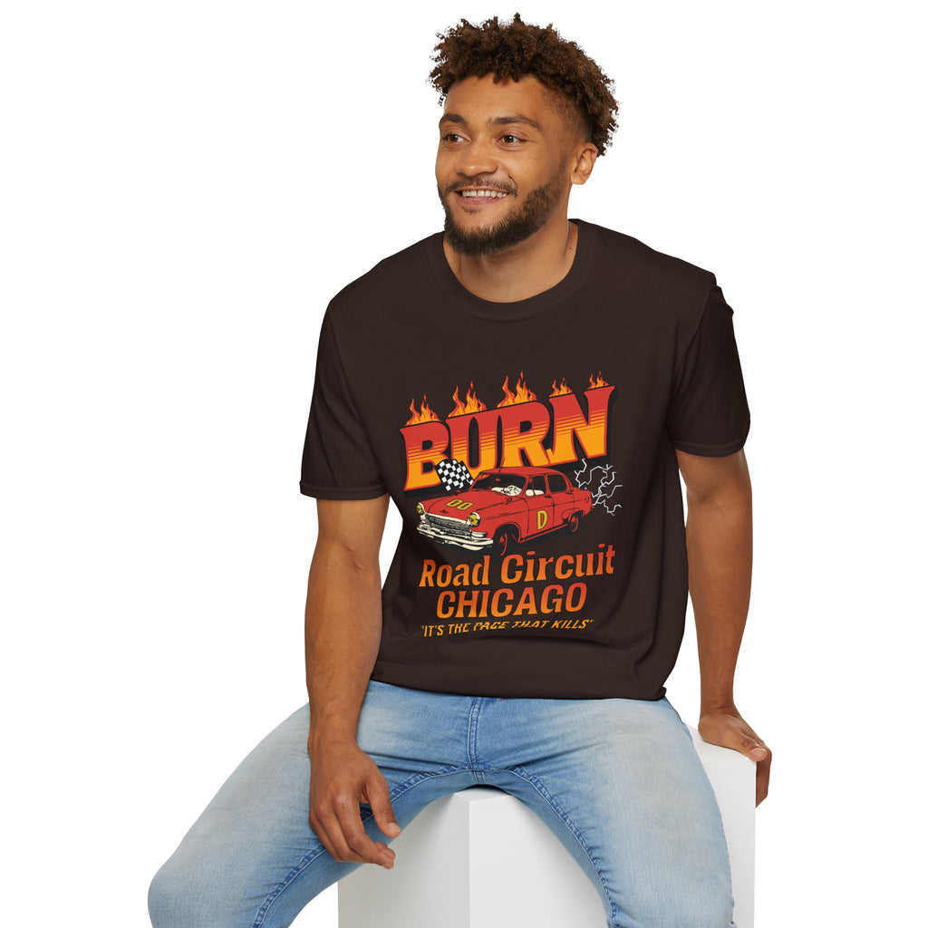Racing 'BURN' Graphic Tee — Retro Flaming Racecar Chicago Track Shirt