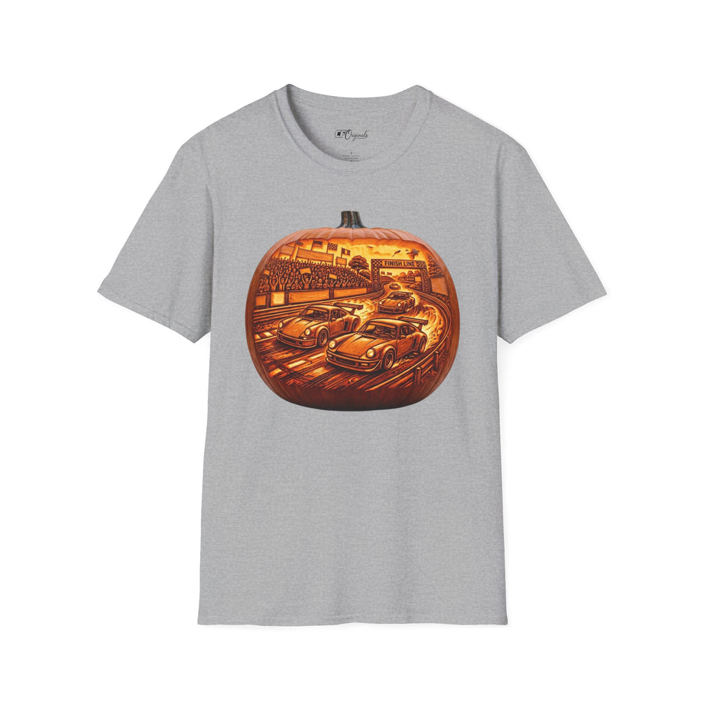 Vintage Racing Pumpkin T-Shirt — Retro Car Grand Prix Halloween Tee