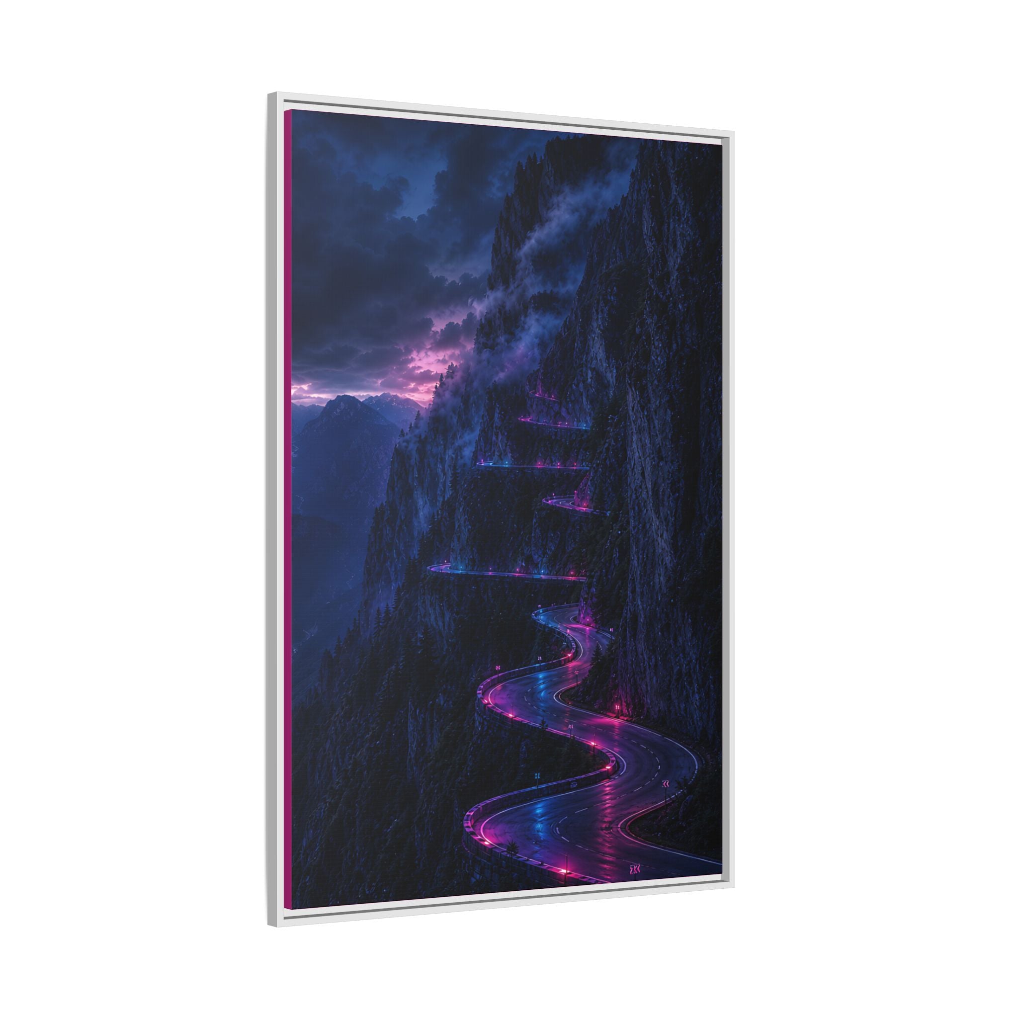 Neon Mountain Road Matte Canvas Print — Framed Nightscape Wall Art