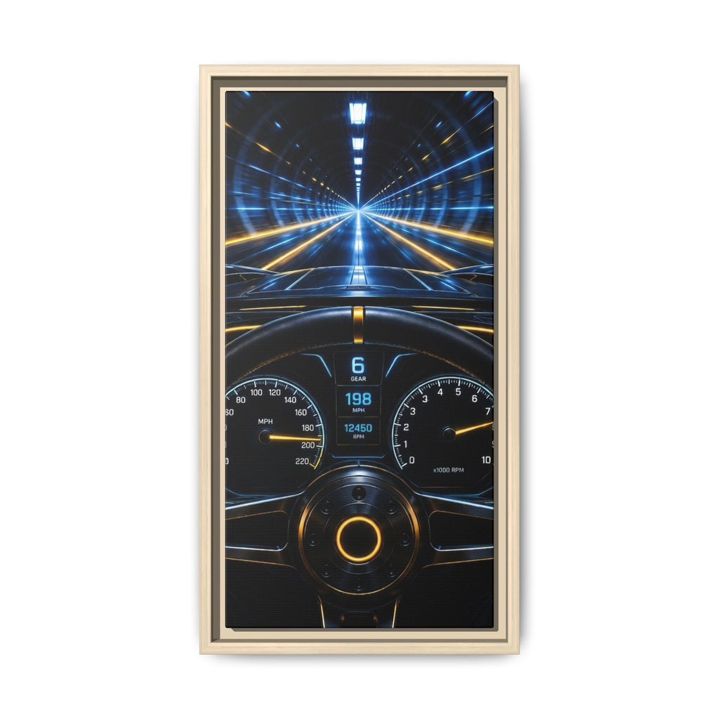 Tunnel Drive Framed Canvas Print — Retro Futuristic Car Dashboard Wall Art