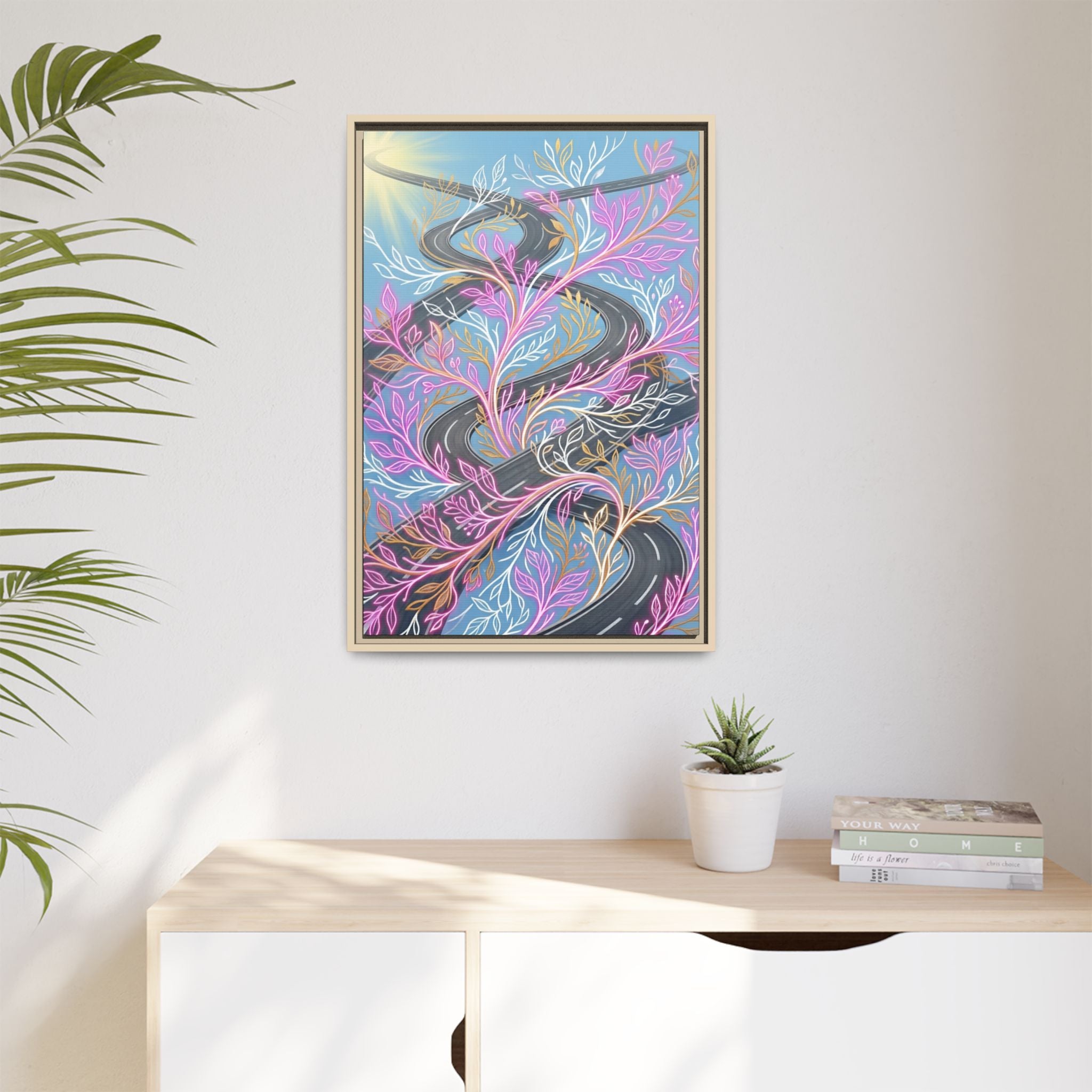 Framed Matte Canvas Floral Vines Wall Art — Pastel Botanical Abstract