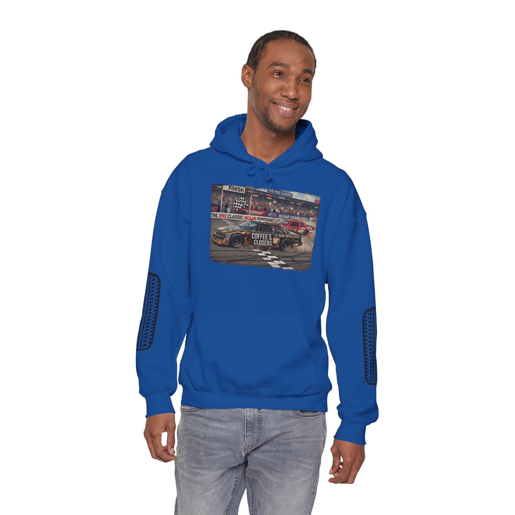 Racing Garage Hooded Sweatshirt — Vintage Racecar Track Scene