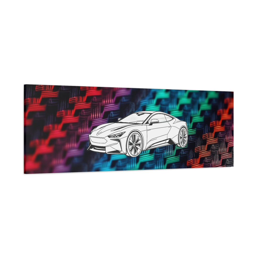 Modern Sports Car Canvas Wall Art – White Line Drawing on Rainbow Carbon Fiber Background