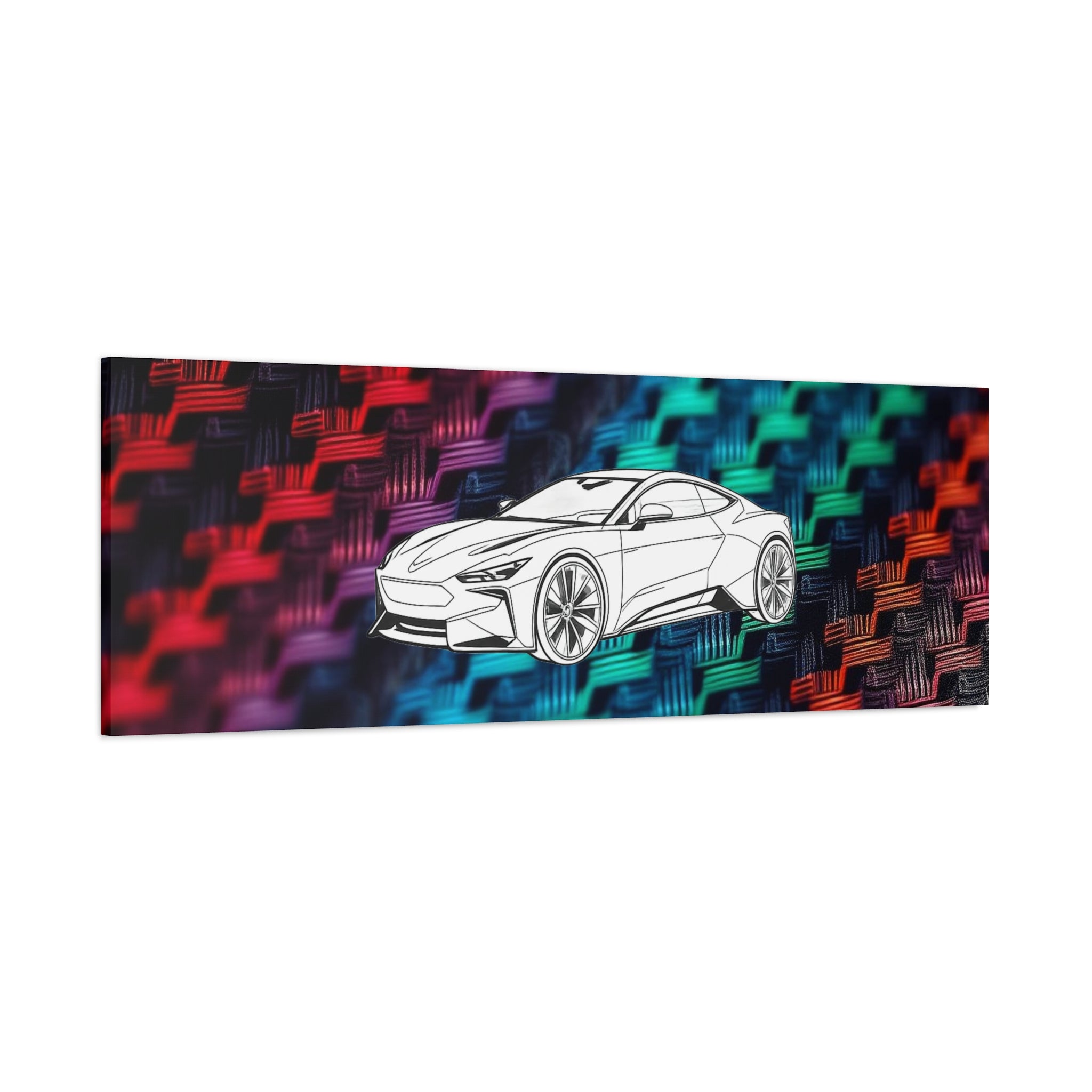Modern Sports Car Canvas Wall Art – White Line Drawing on Rainbow Carbon Fiber Background